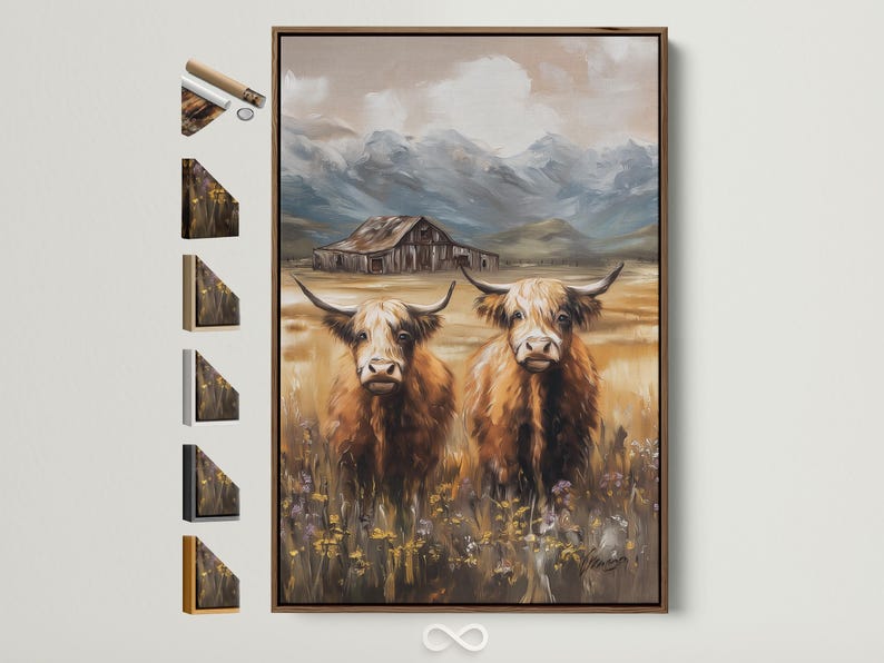 Painterly countryside scene with two horned cows, a barn, hills and cloudy sky