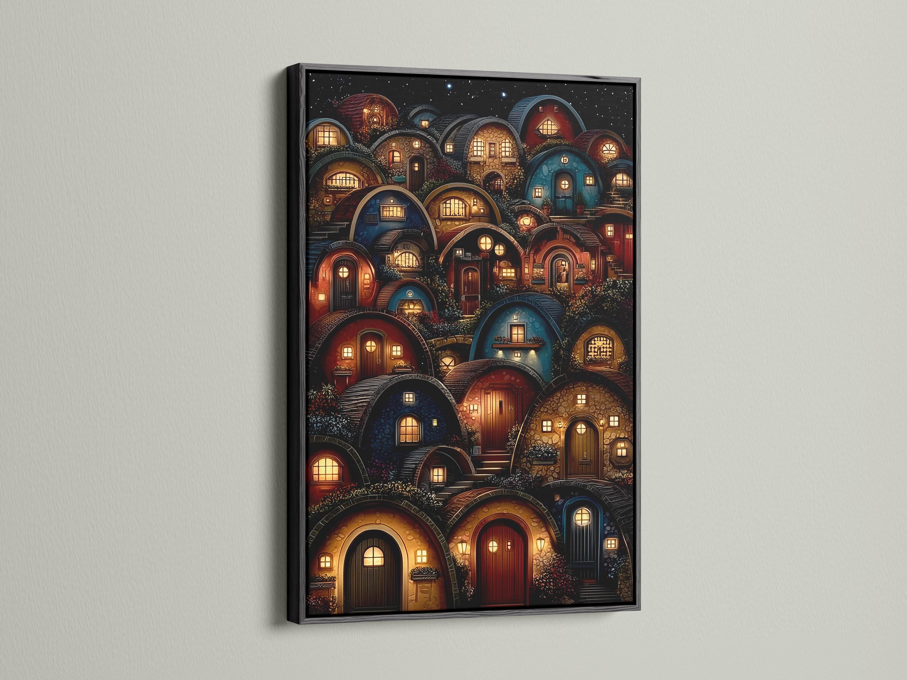 Fantasy village at night with glowing arched doorways and windows under a starry sky detail view
