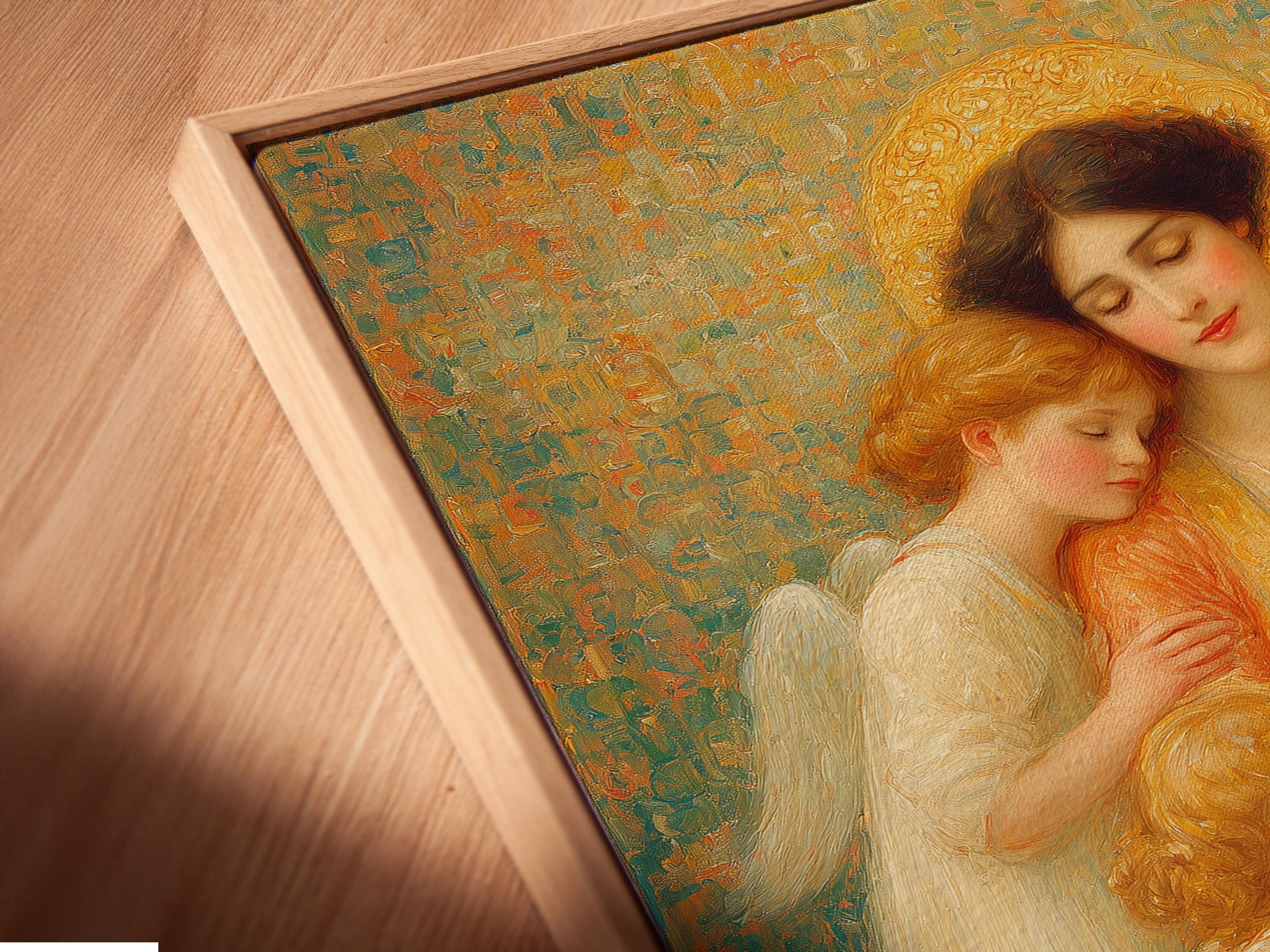 Painterly Madonna and Child scene with haloed angels and wings against a textured green-gold background detail view