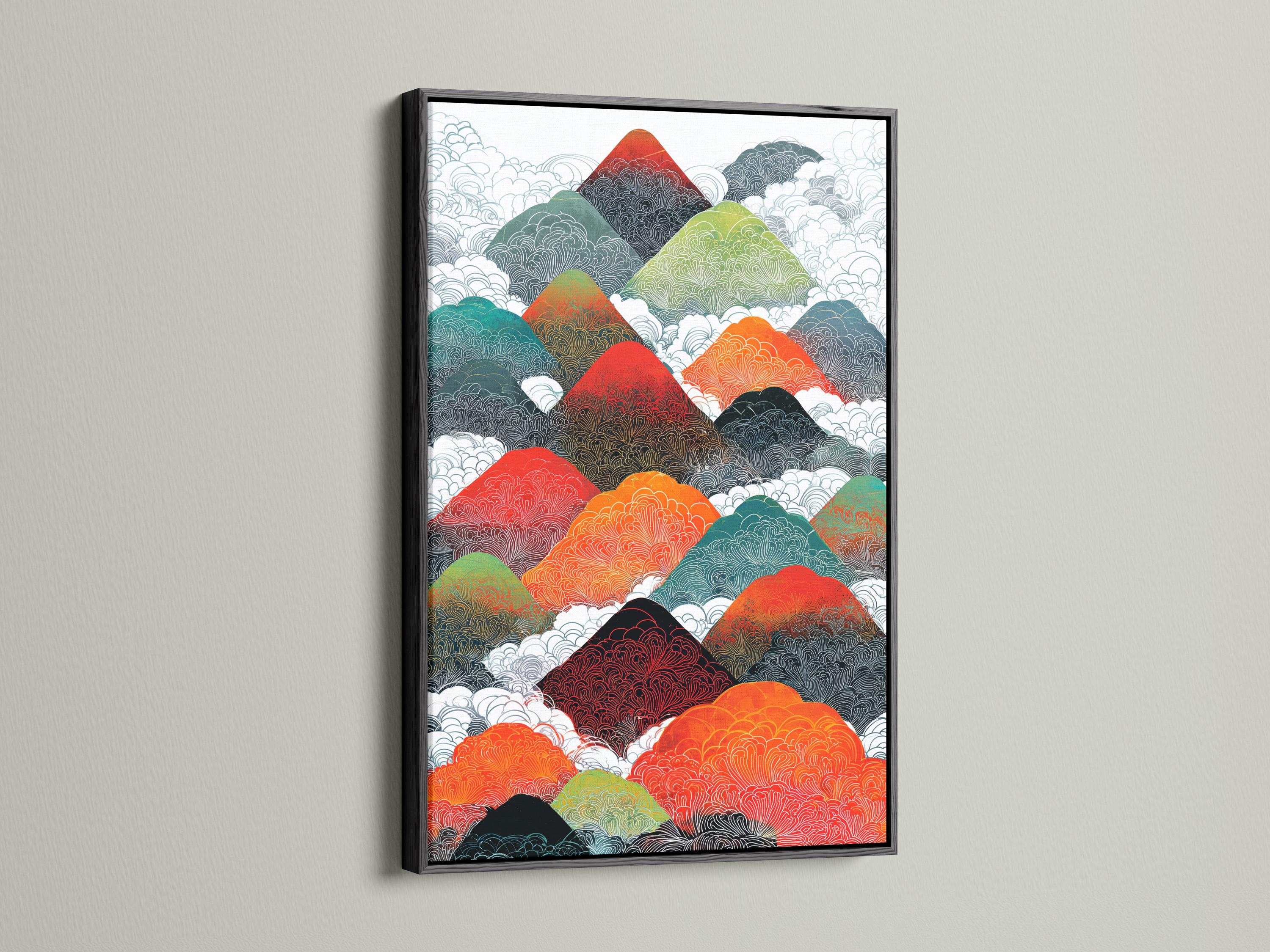 Illustrated mountain range with repeating contour line texture in red, orange, teal and green detail view