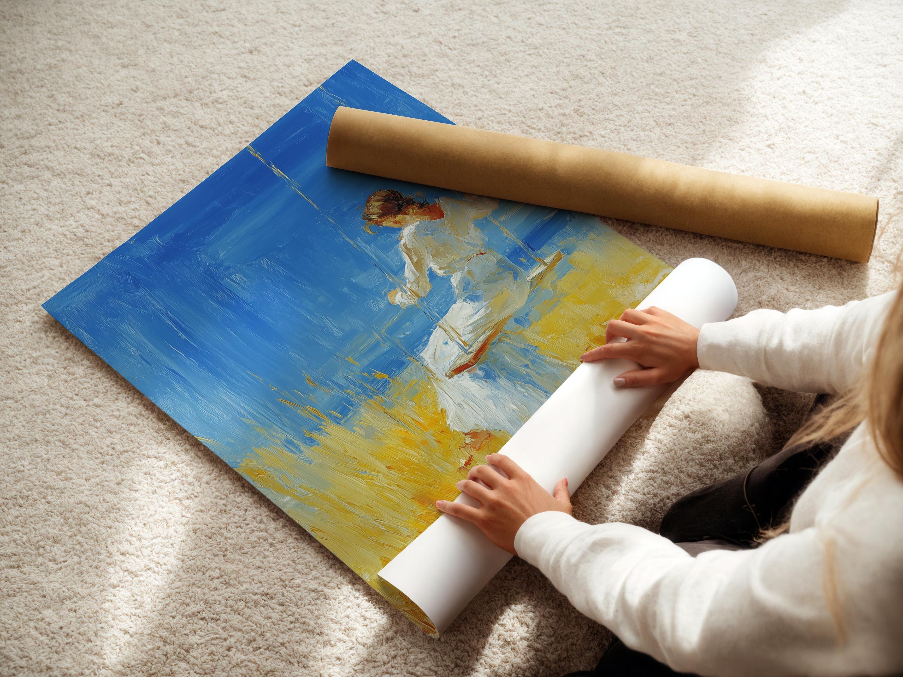 Framed artwork featuring a woman on a swing against a bright blue sky, with yellow grass