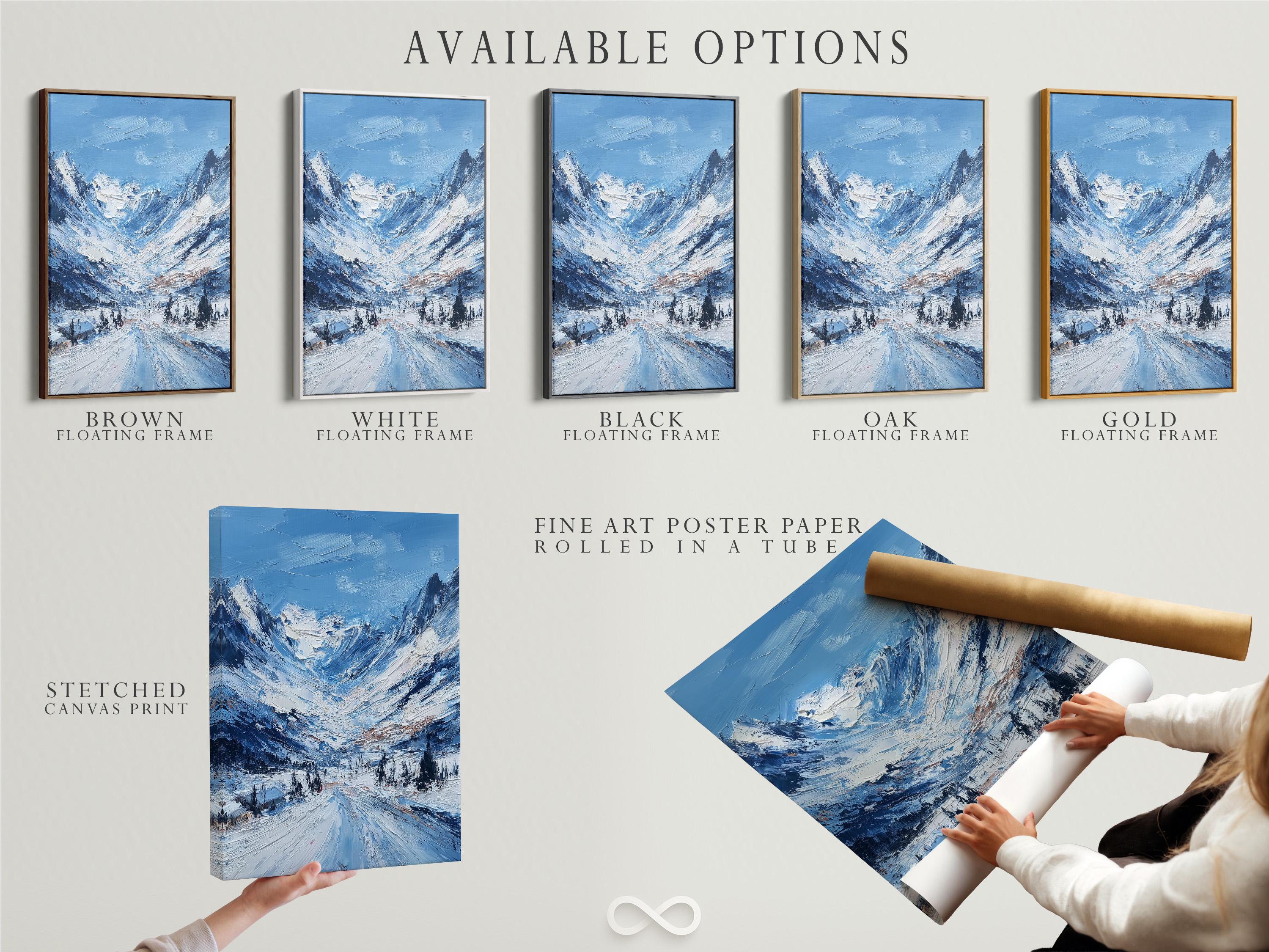 Mockup showing a framed snowy mountain artwork against a light background with rolled print pieces