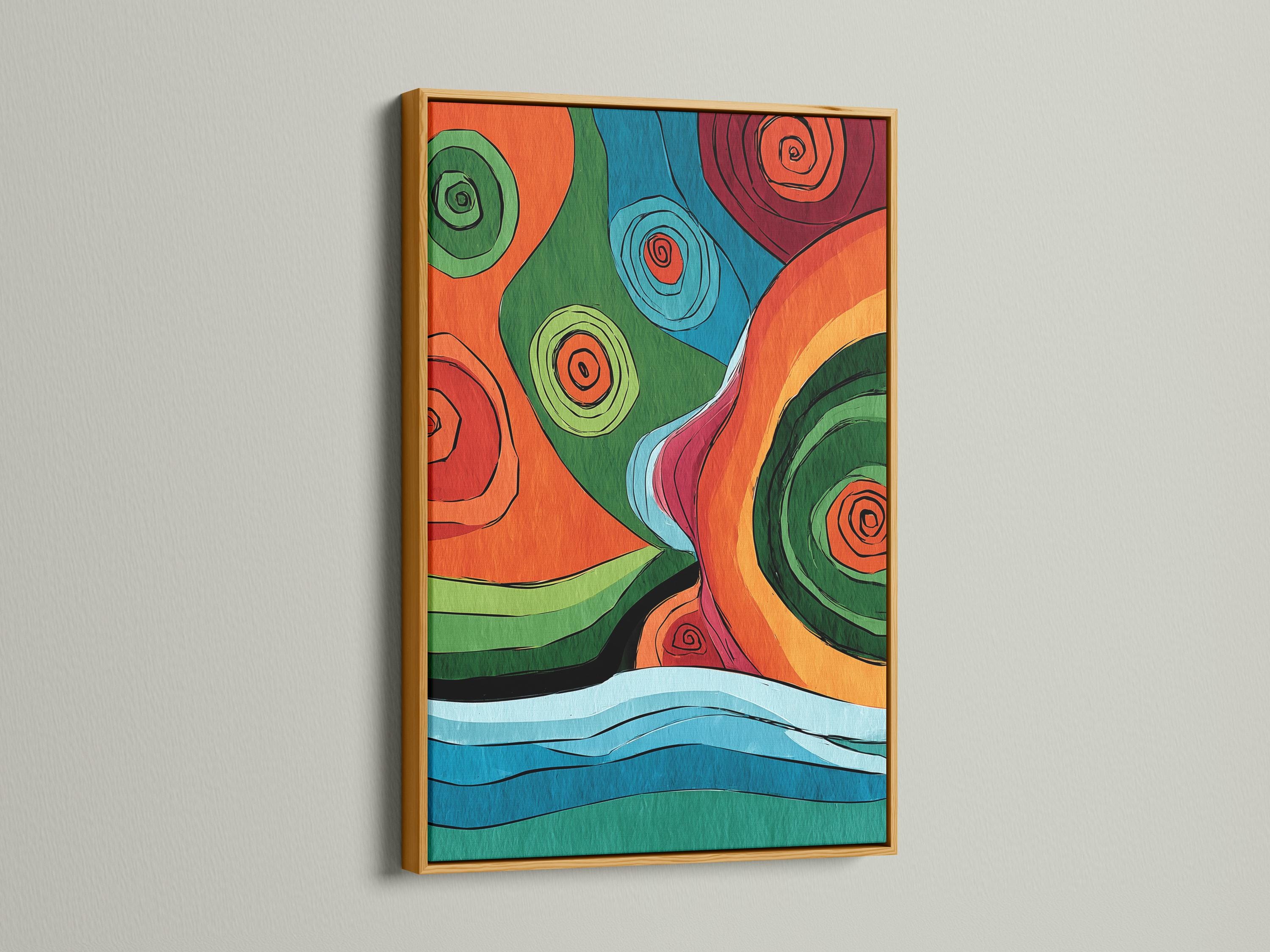 Colourful abstract artwork with overlapping circles and concentric spiral swirls in orange, green, blue and red detail view