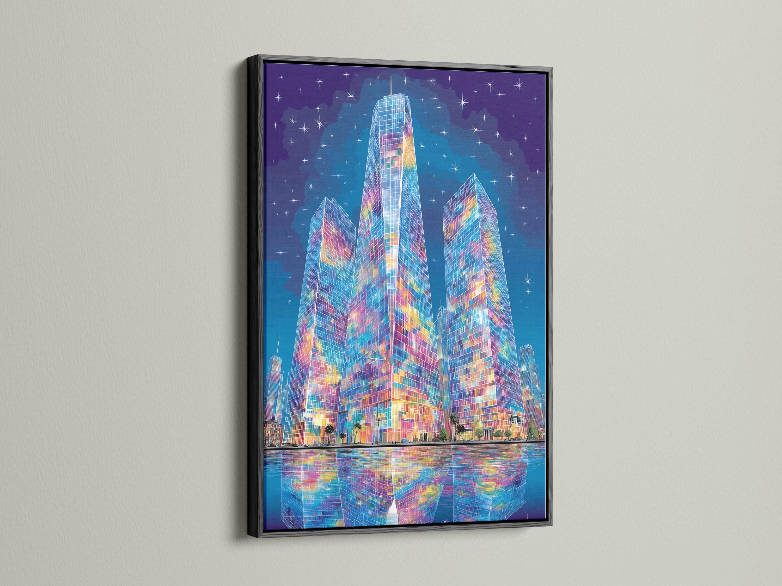 Mockup showing an artwork of a colourful abstract city skyline with skyscrapers and starry sky
