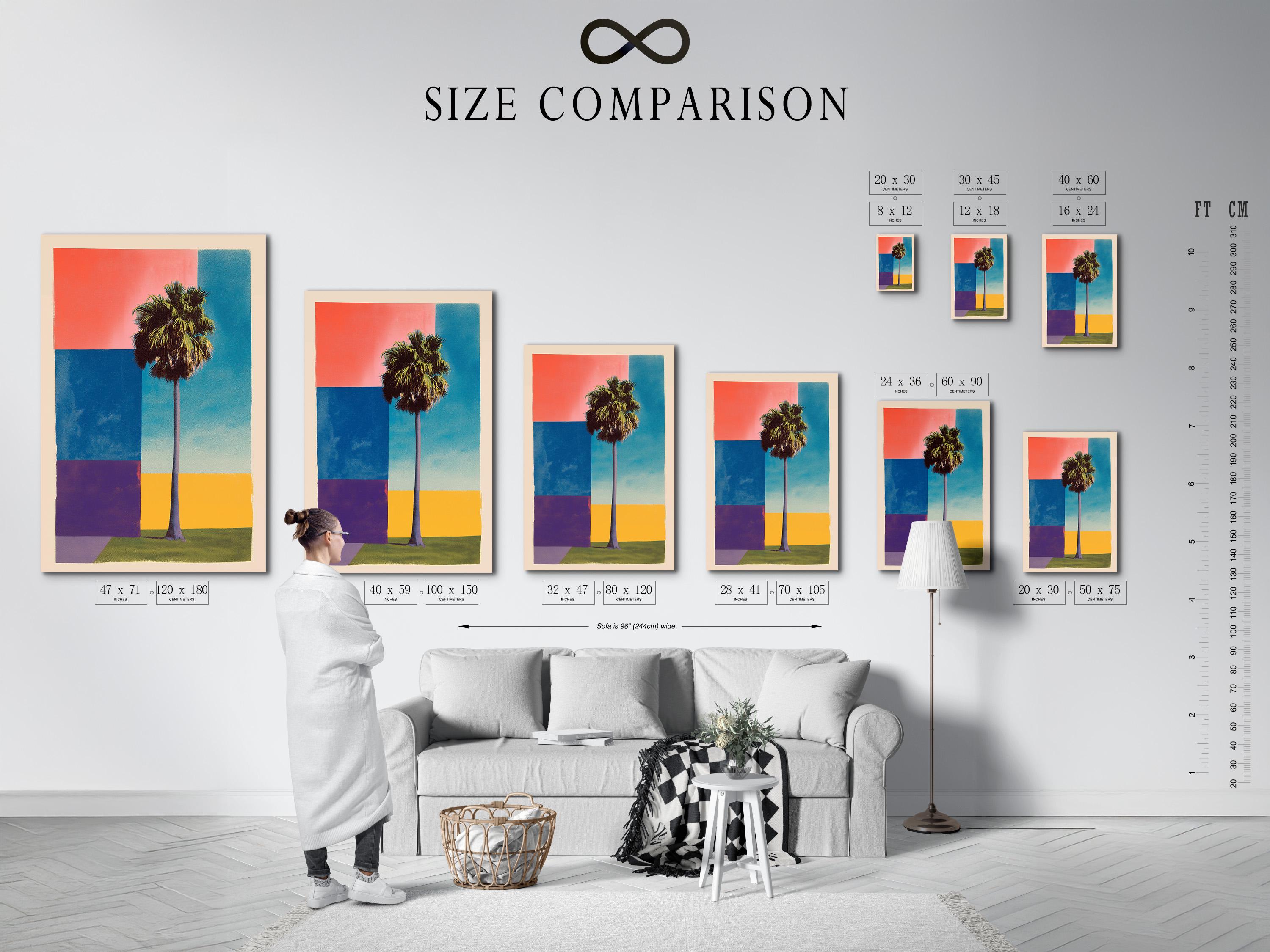 Retro geometric palm tree artwork with coral sky and turquoise blue blocks detail view