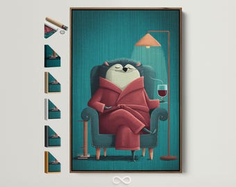 May include: A framed art print depicts a relaxed hedgehog in a red robe, seated in a teal armchair, holding a wine glass. A floor lamp with an orange shade illuminates the scene. The background is teal with a textured pattern.