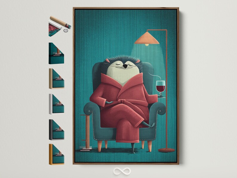 A hedgehog in a teal armchair reads a large red book, outlined by stylised quills on a striped teal background with an orange lamp and a wine glass
