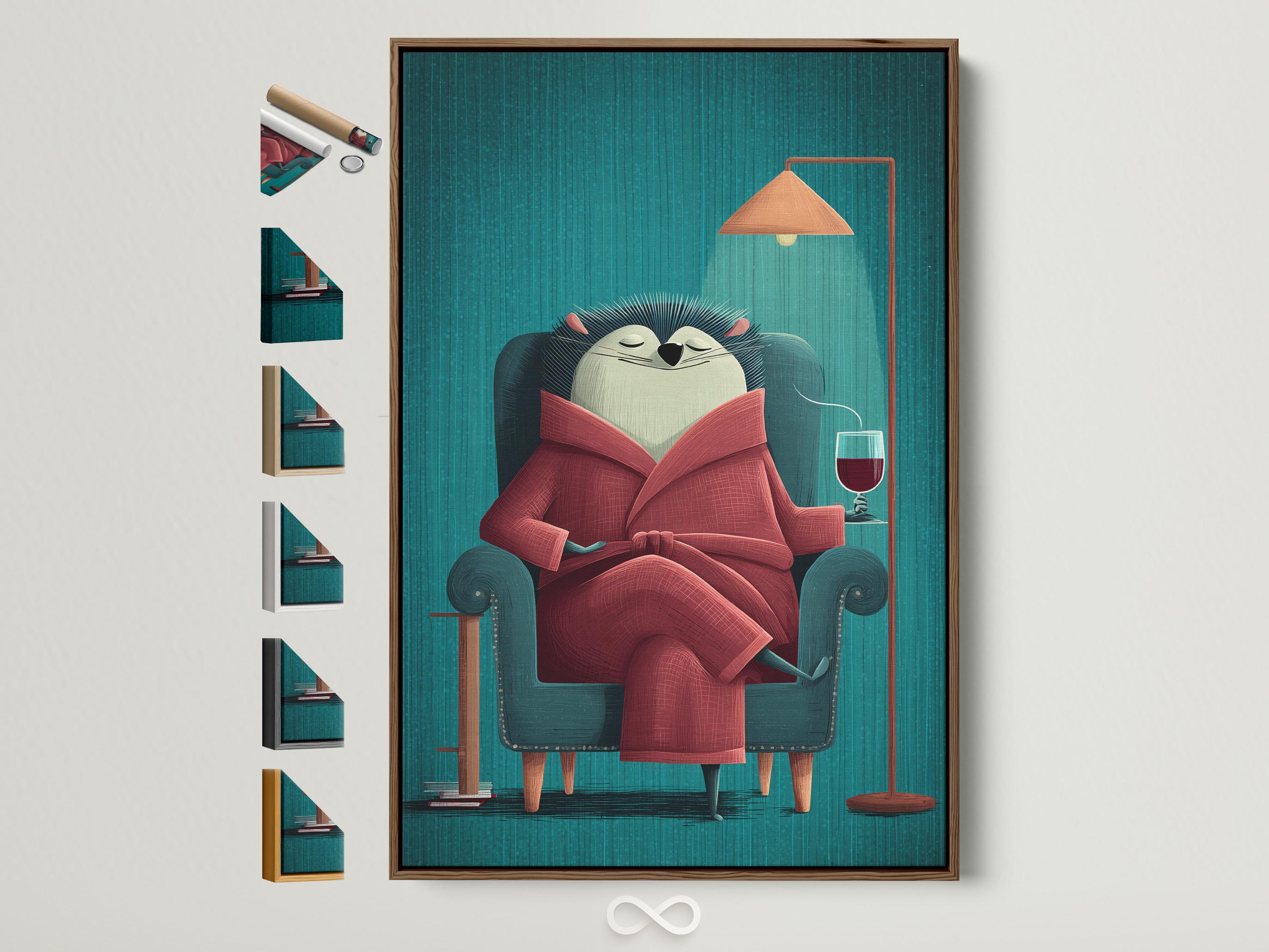 A hedgehog in a teal armchair reads a large red book, outlined by stylised quills on a striped teal background with an orange lamp and a wine glass