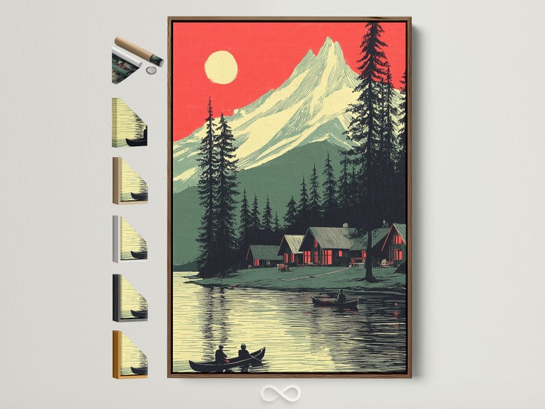 Retro mountain lake landscape with red sky, pine trees, cabins and boats on reflective water
