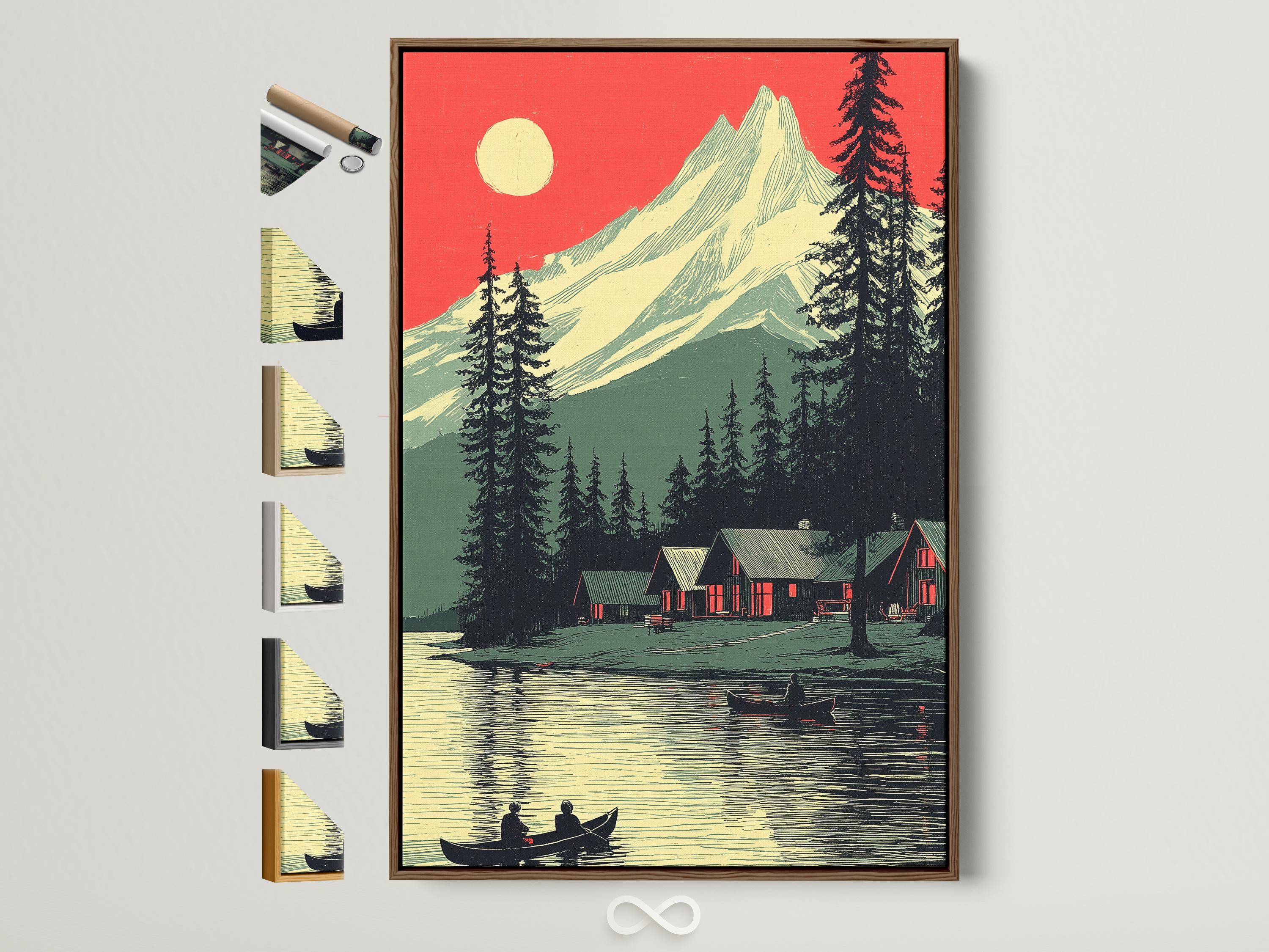Retro mountain lake landscape with red sky, pine trees, cabins and boats on reflective water