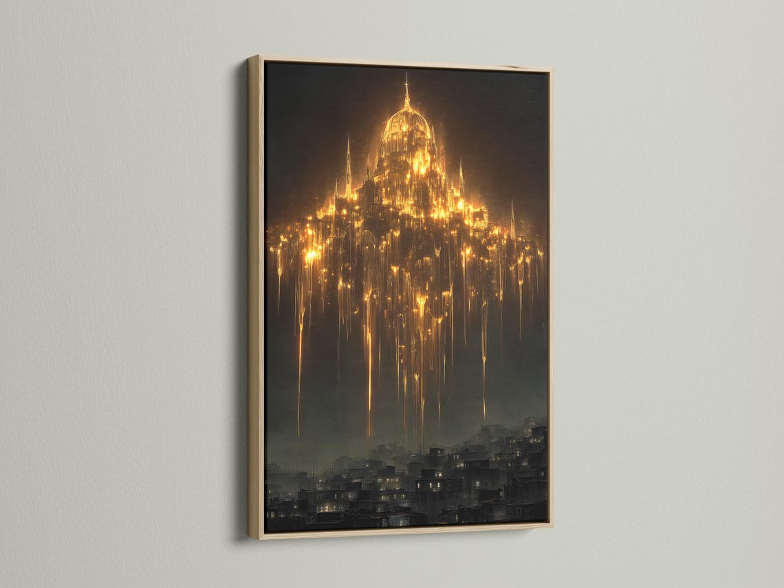 Glowing golden cathedral-like tower above a dark city skyline with cascading light streaks detail view