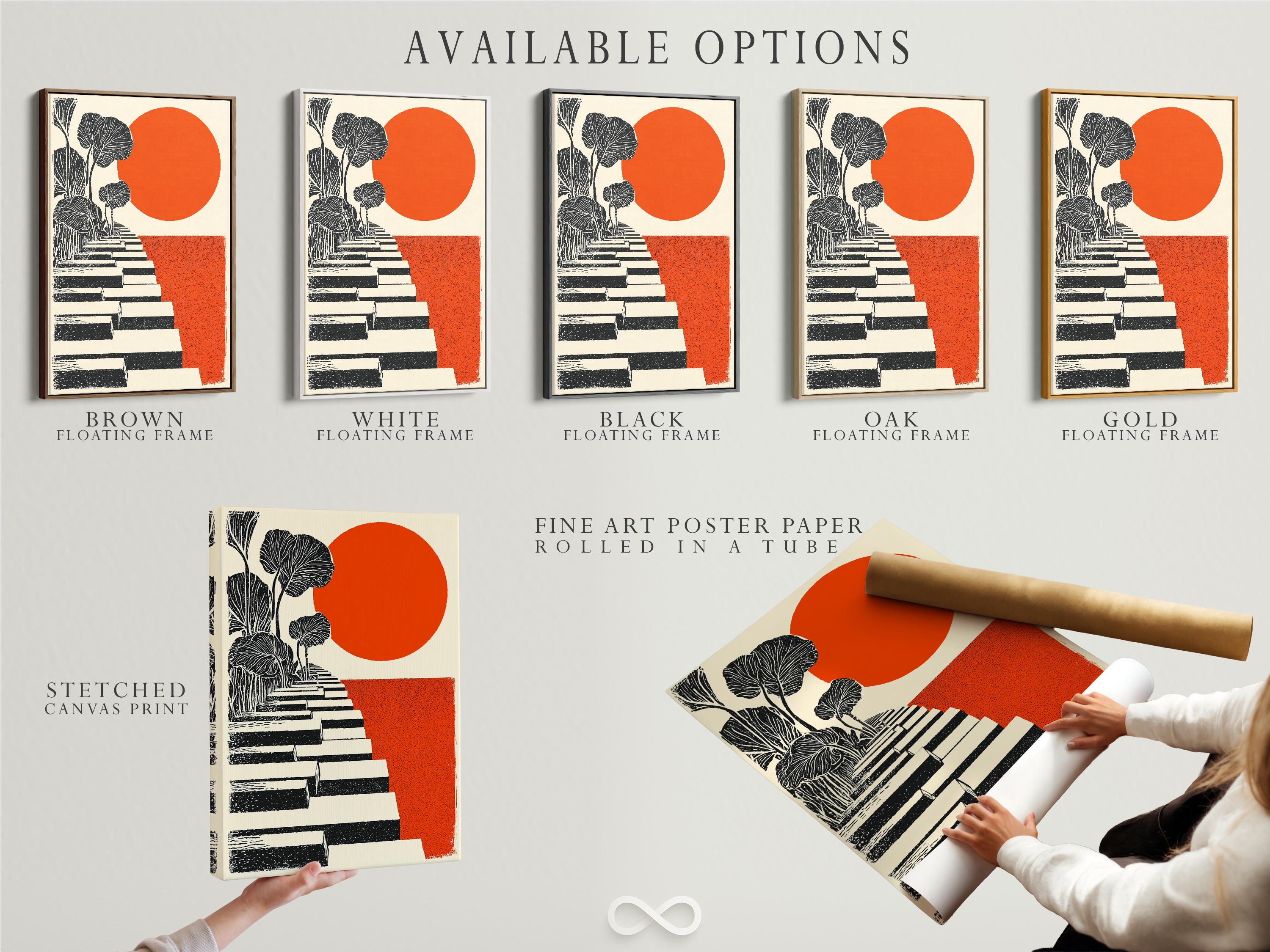 Orange sun with black botanical tree and diagonal stepped blocks artwork detail view