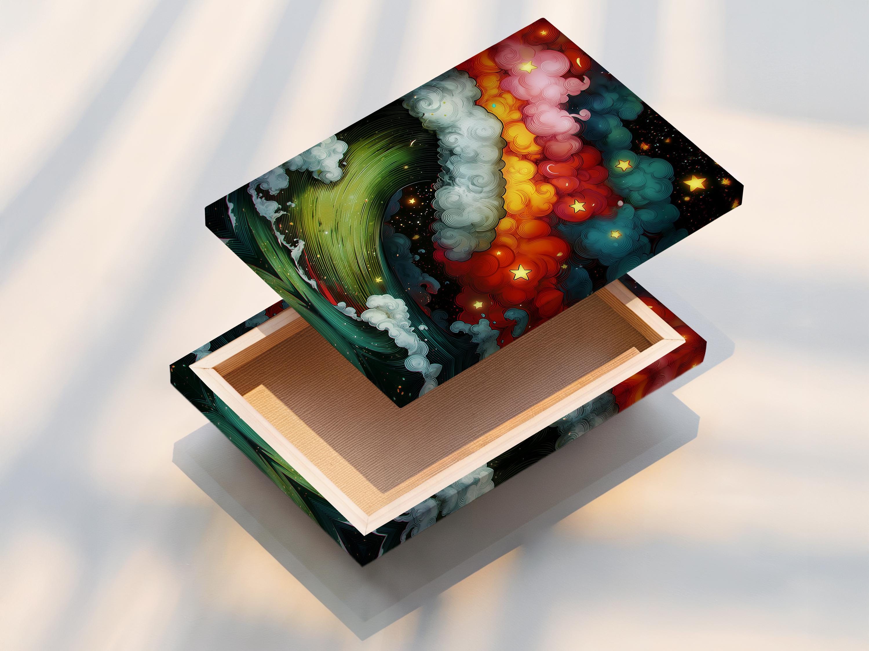 Starry ocean wave artwork with swirling clouds and gold stars in teal, red, and emerald green detail view
