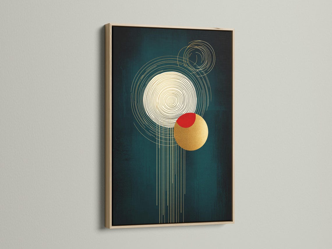 A teal abstract background features intersecting golden line circles, a red circle accent, and a gold disc with draping vertical lines detail view