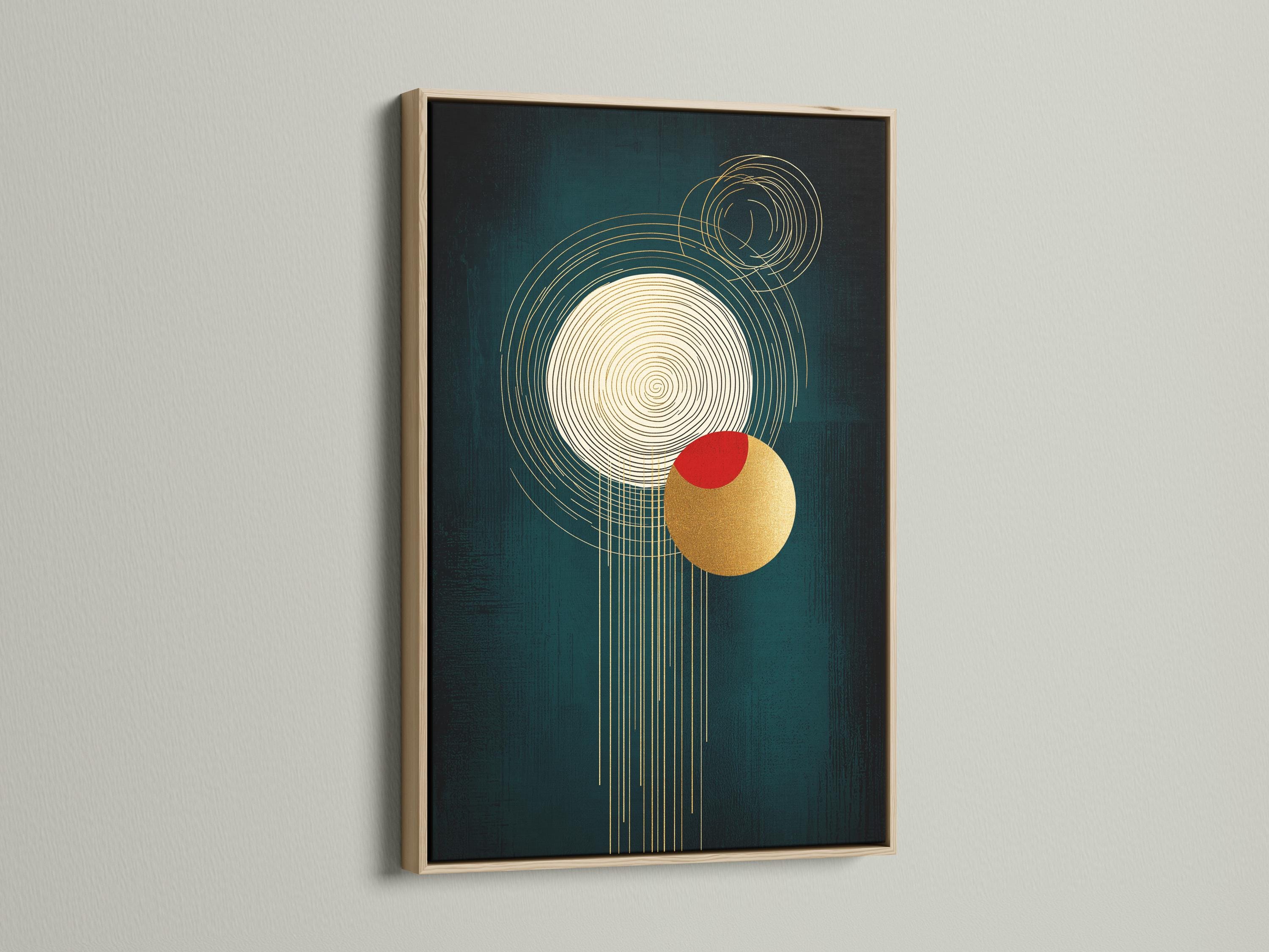 A teal abstract background features intersecting golden line circles, a red circle accent, and a gold disc with draping vertical lines detail view
