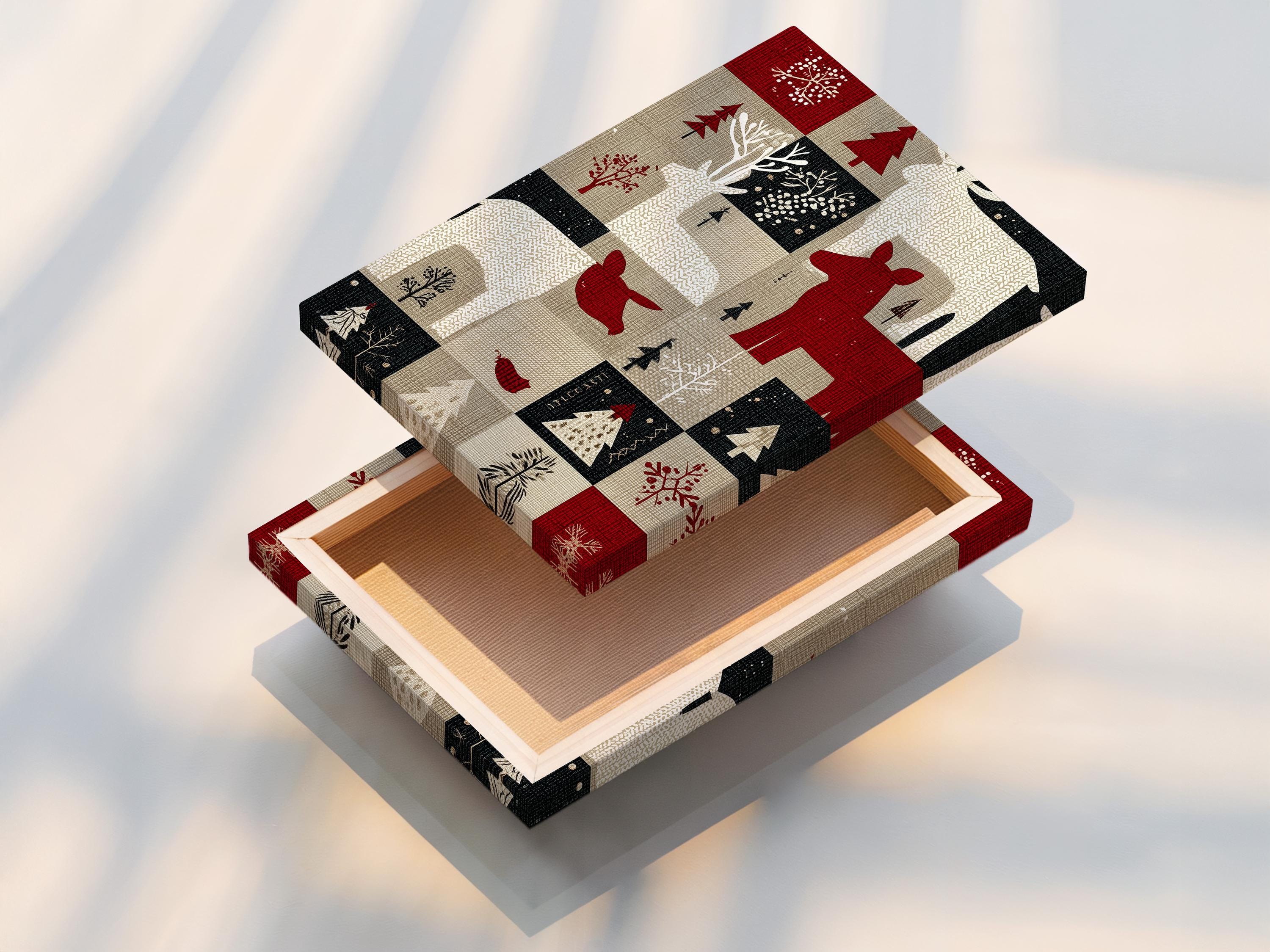 Deep red deer silhouette in a patchwork winter design with trees and snowflake motifs detail view
