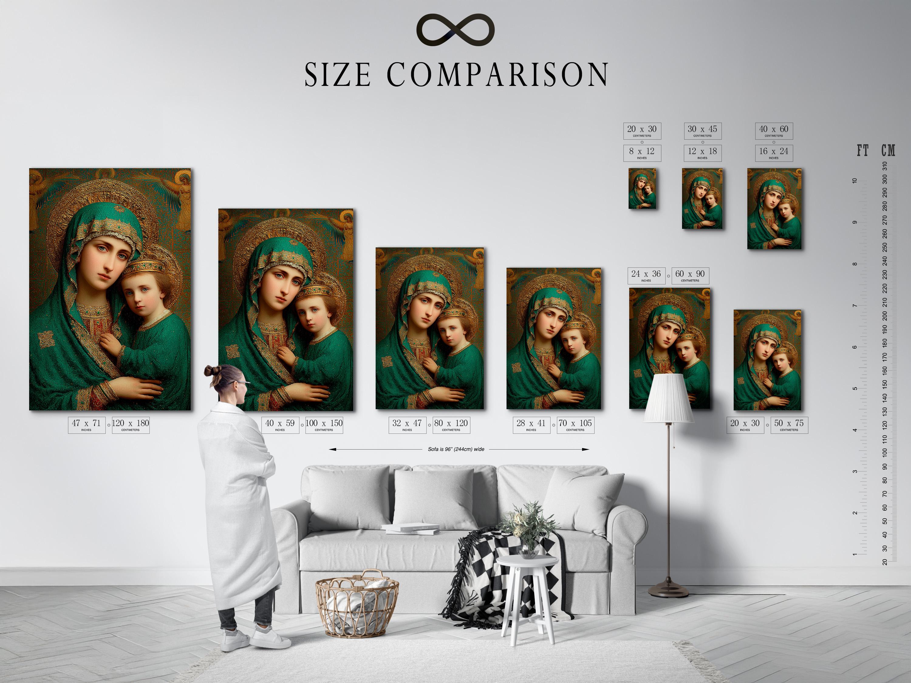 Room mockup showing a framed devotional portrait with emerald and gold figures and halos