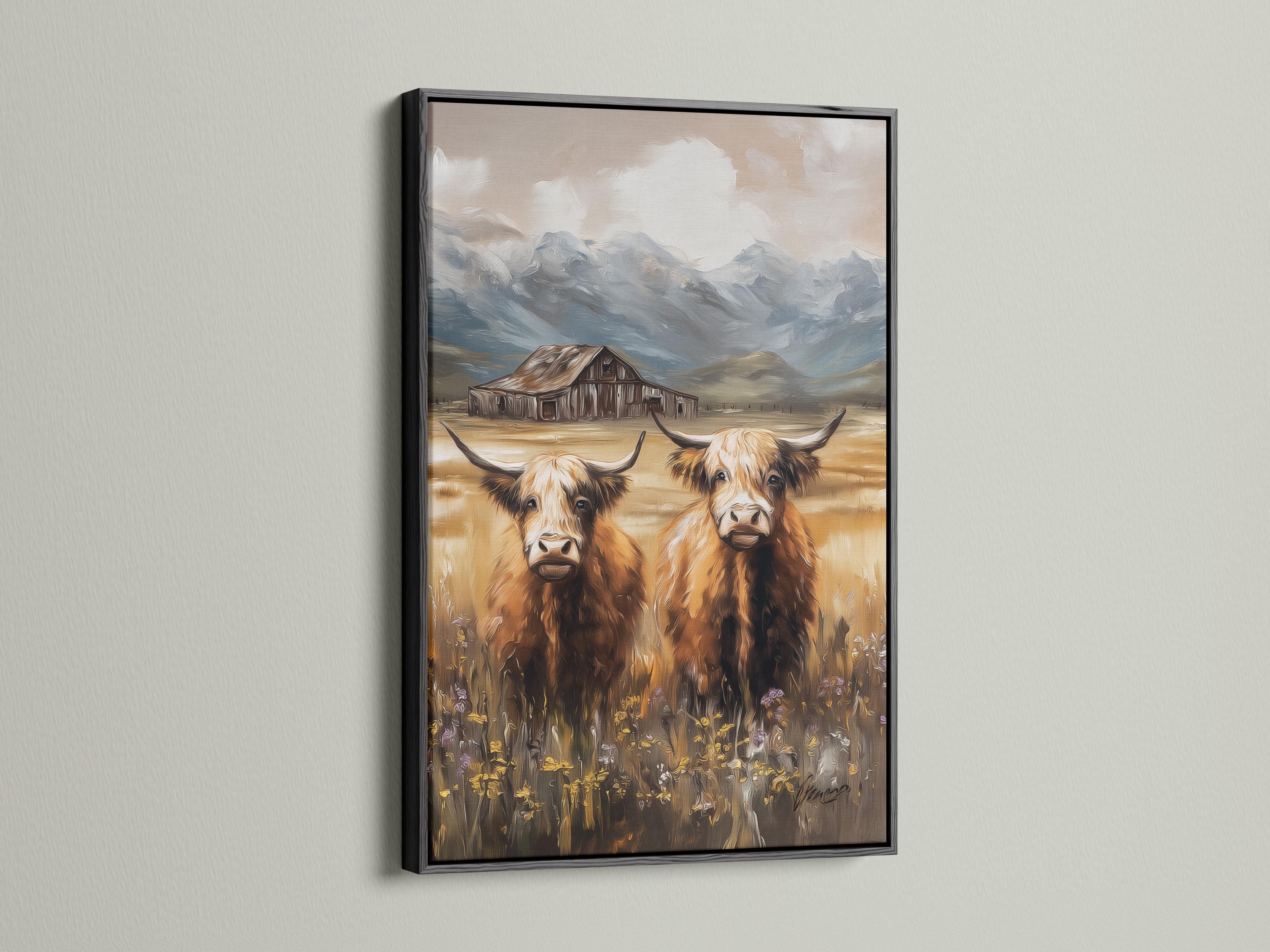 Painterly countryside scene with two horned cows, a barn, hills and cloudy sky detail view