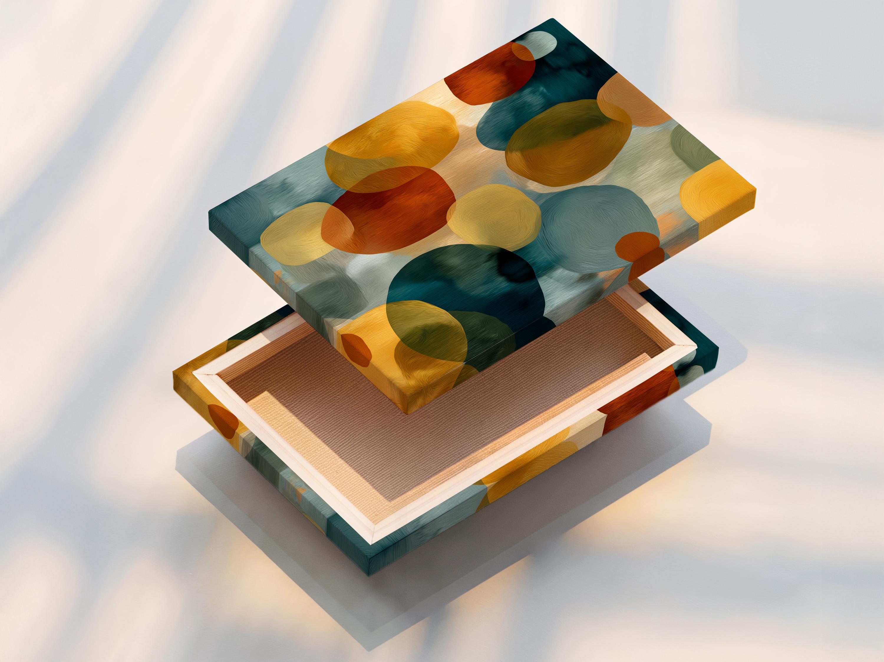 Framed abstract circle artwork with teal, cream, rust and mustard circles on a pale background