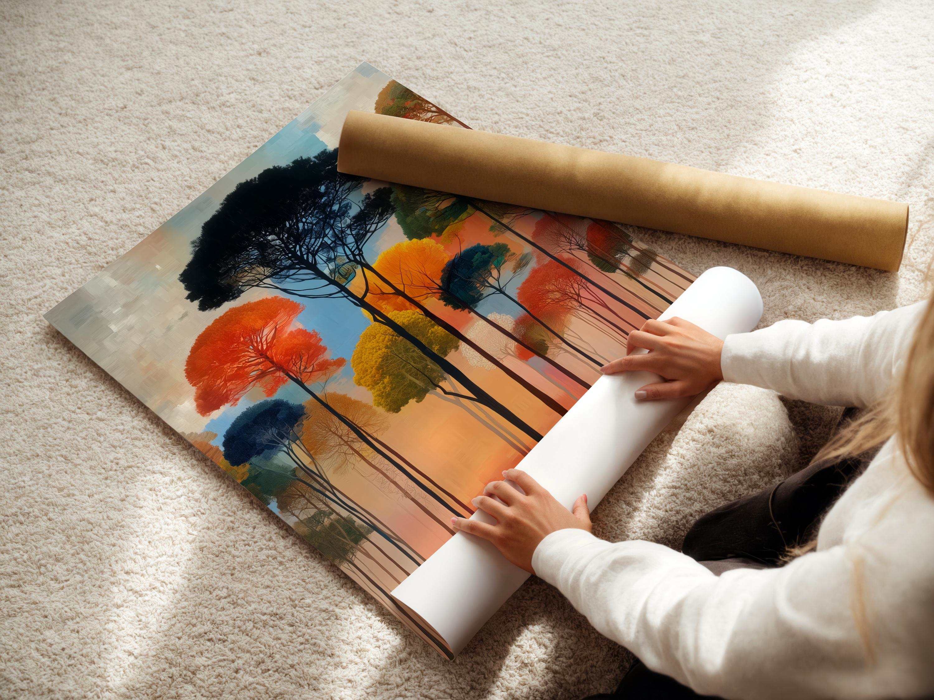 Room mockup with a large framed forest artwork above a sofa