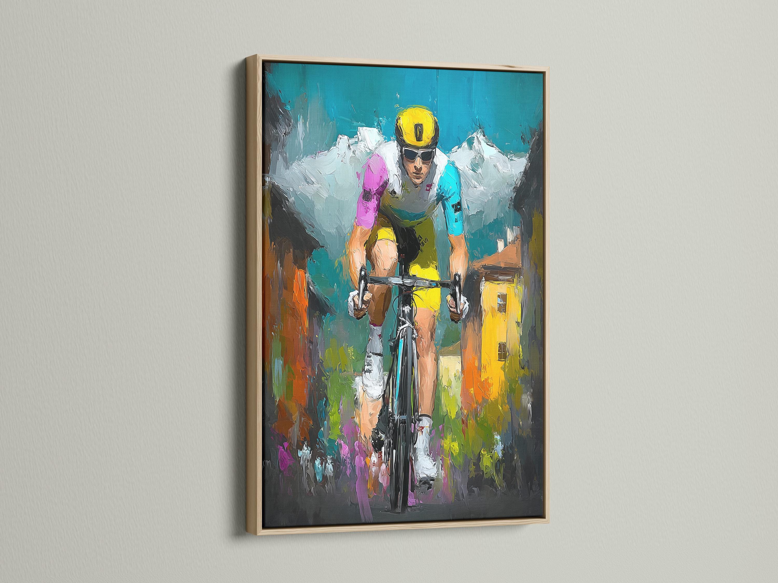 A painterly cycling scene shows two riders in bright helmets and jerseys, framed by colourful trackside vegetation and bold teal, yellow and magenta