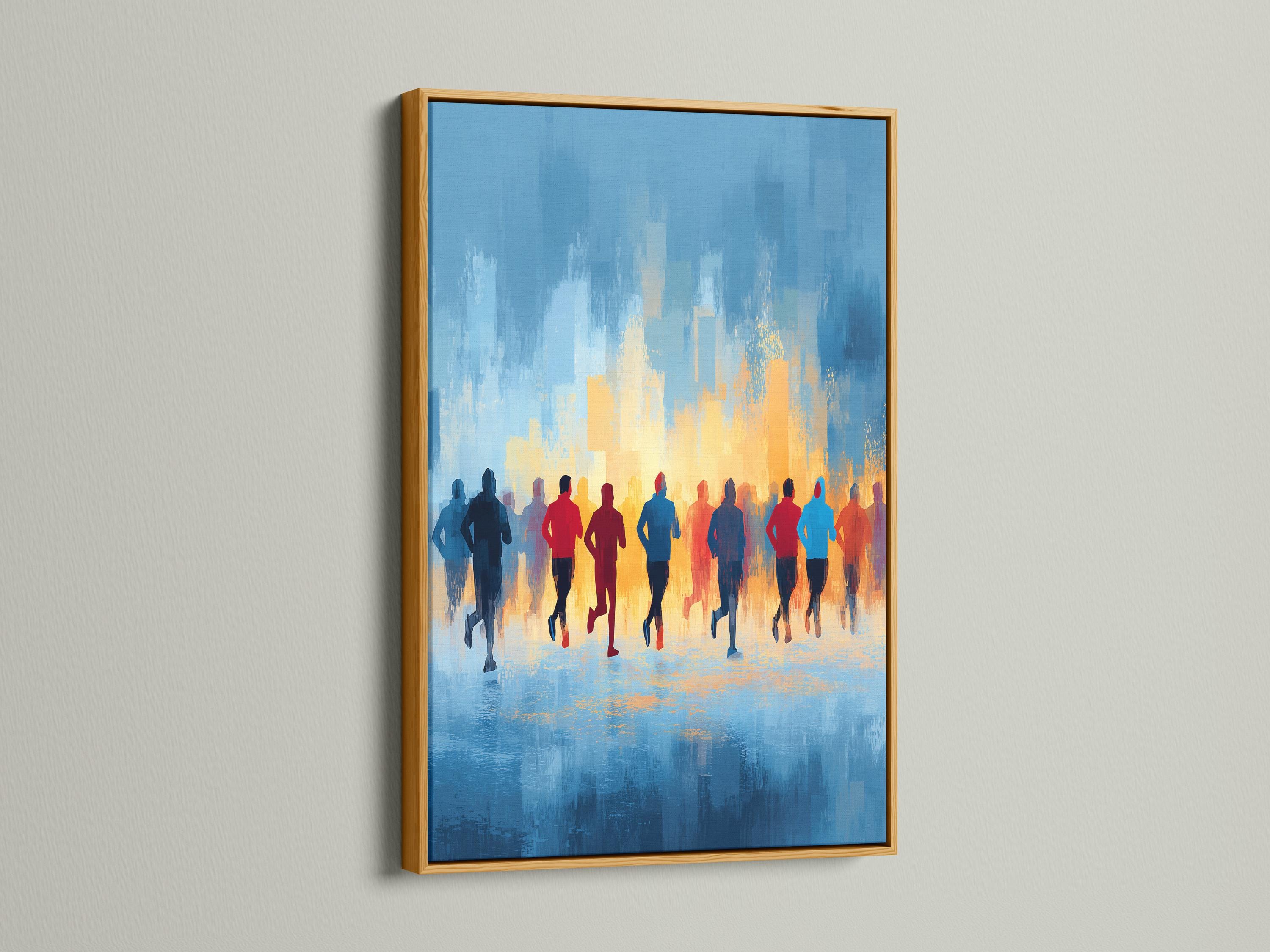 Abstract runners silhouette scene with blue skyline and warm orange horizon glow detail view