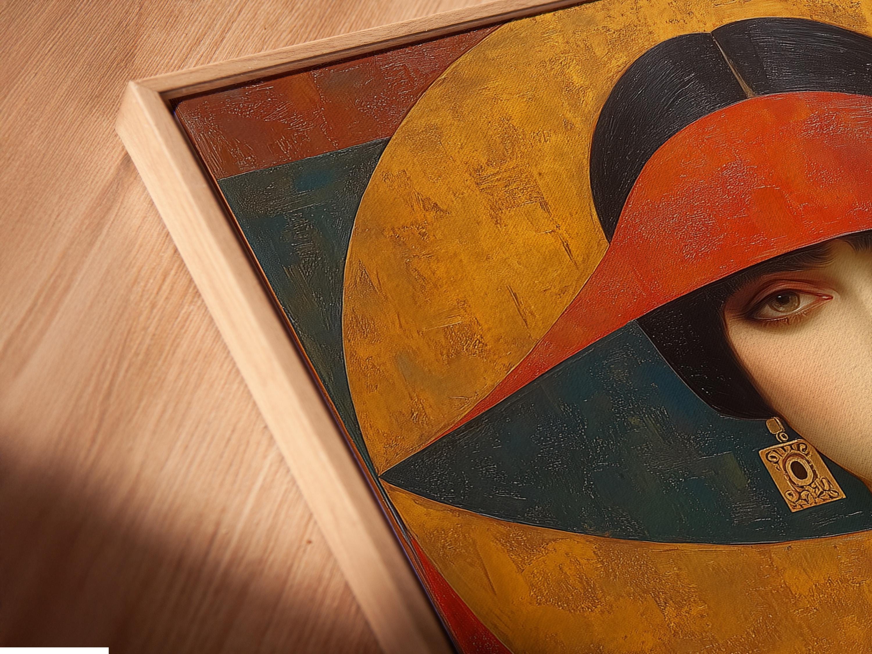 Stylised woman portrait in a dark hat with Art Deco geometric shapes in gold, red and black detail view