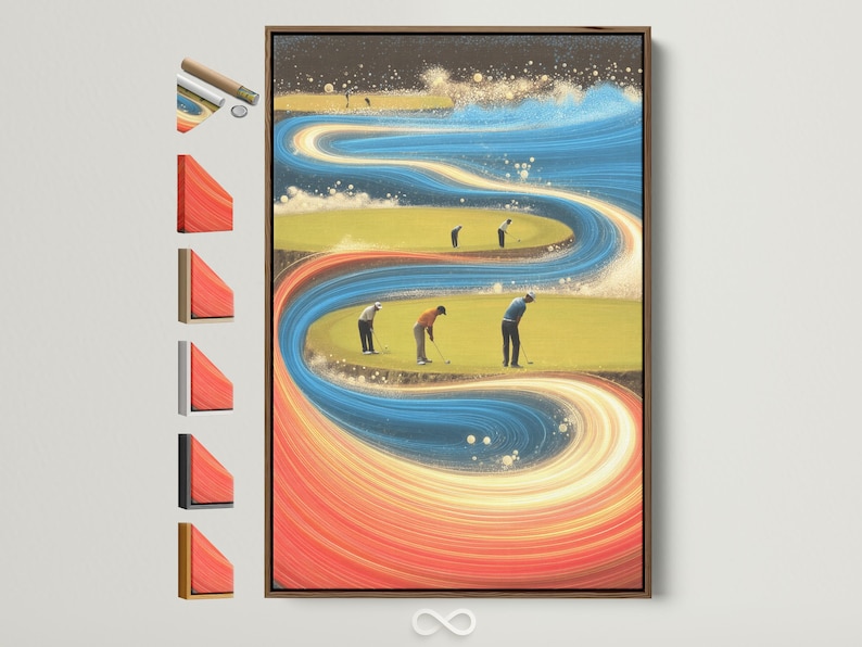 Abstract golf course scene with swirling blue and gold motion bands and small golfer figures