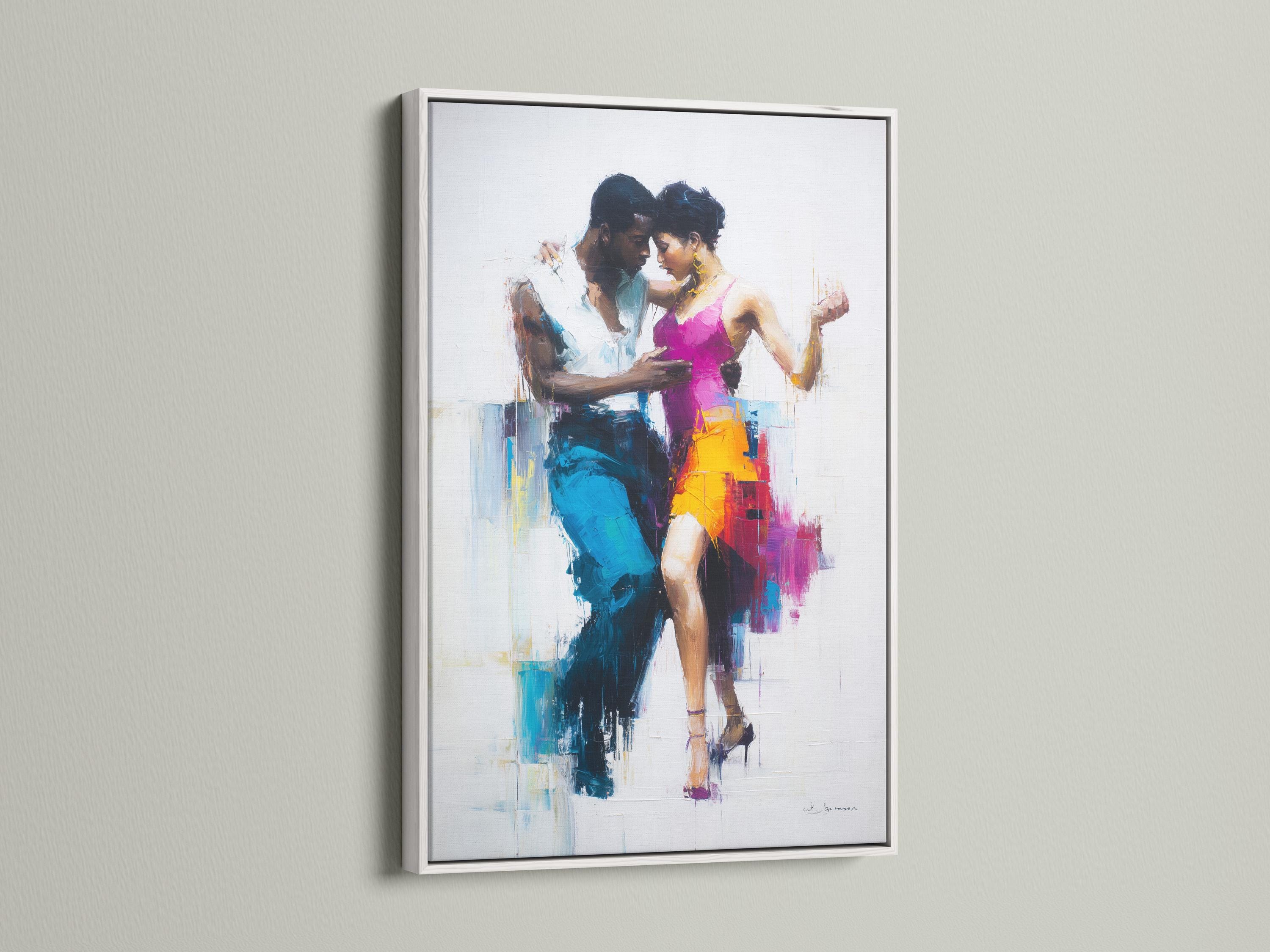 Abstract painterly dancing couple in hot pink and blue tones on a light background detail view