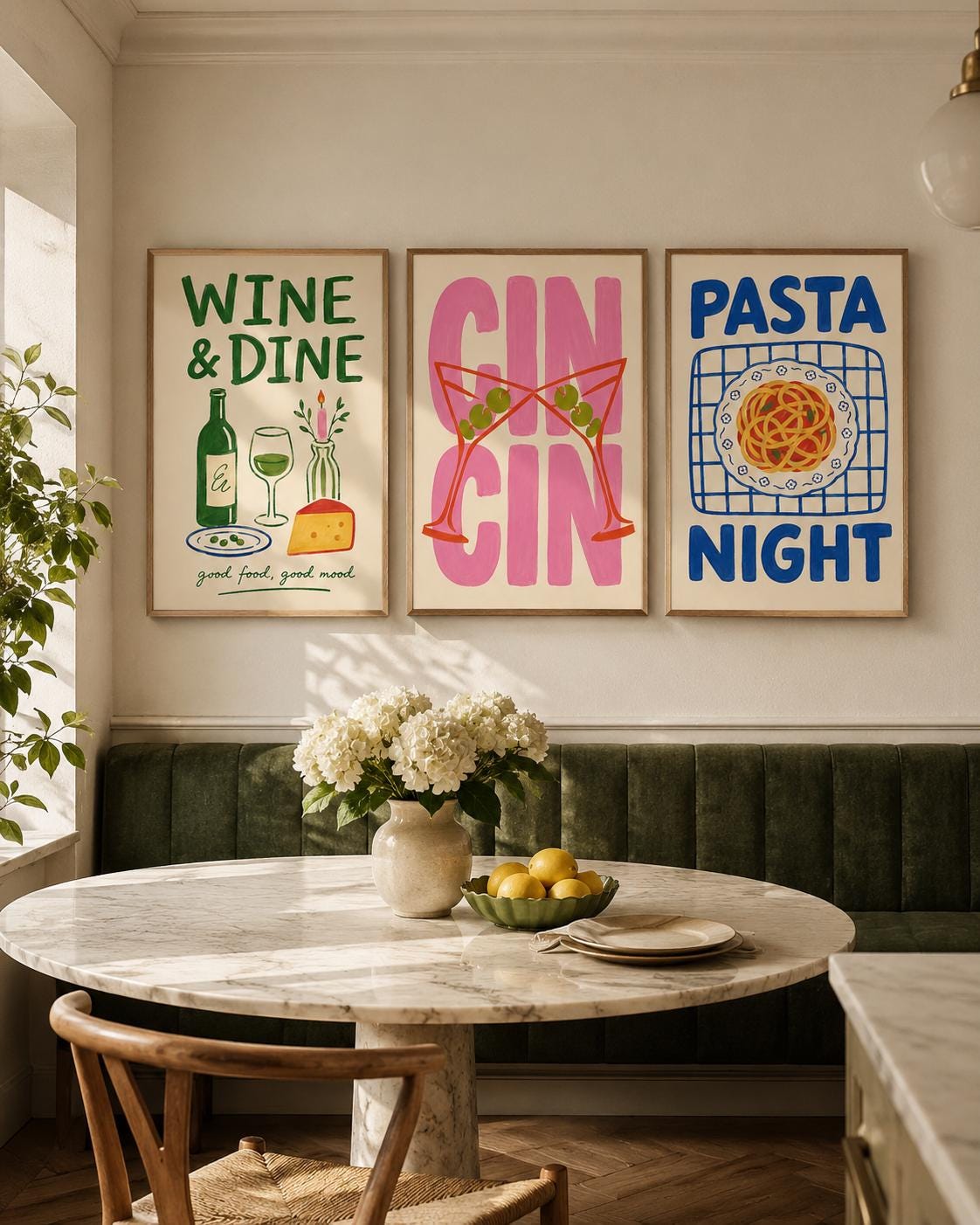Set of three framed kitchen typography panels: Wine & Dine, Cin Cin and Pasta Night detail view