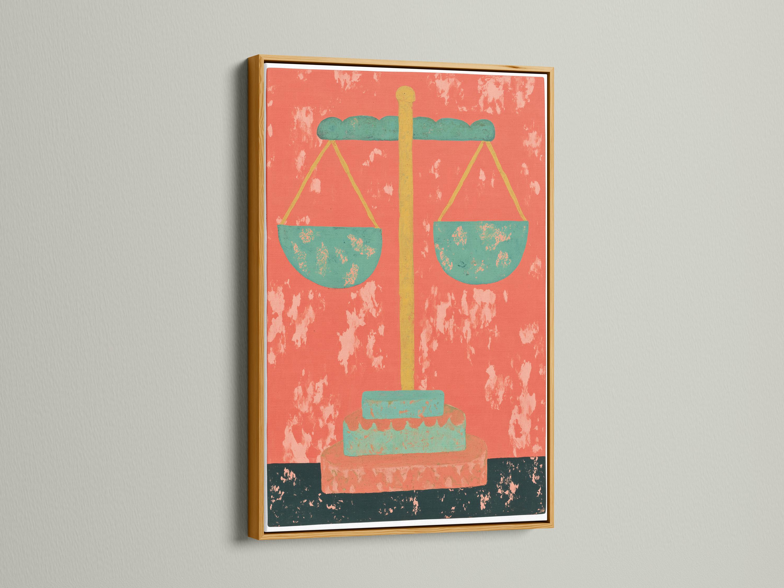 Stylised scales of justice with mint-green pans and gold beam on a coral-red distressed background detail view