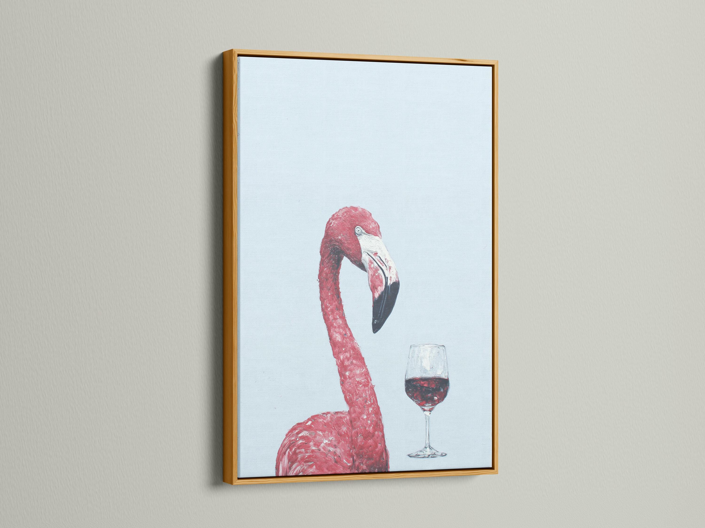 A pink flamingo is painted against a pale blue background, balancing a glass of red wine, with painterly speckled texture and soft contrast detail