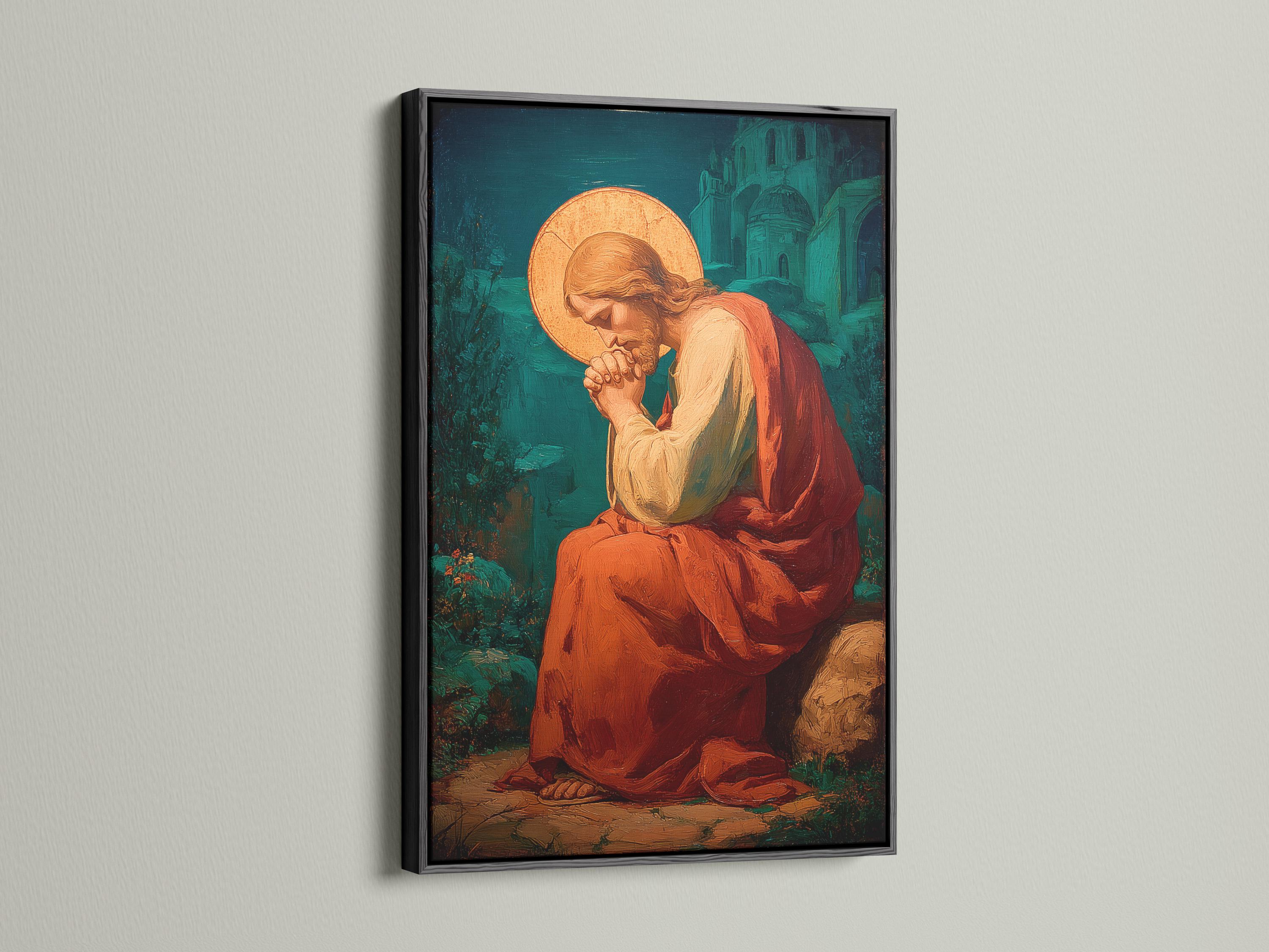 Wall mockup showing a framed painting with a praying figure and gold halo on a beige wall