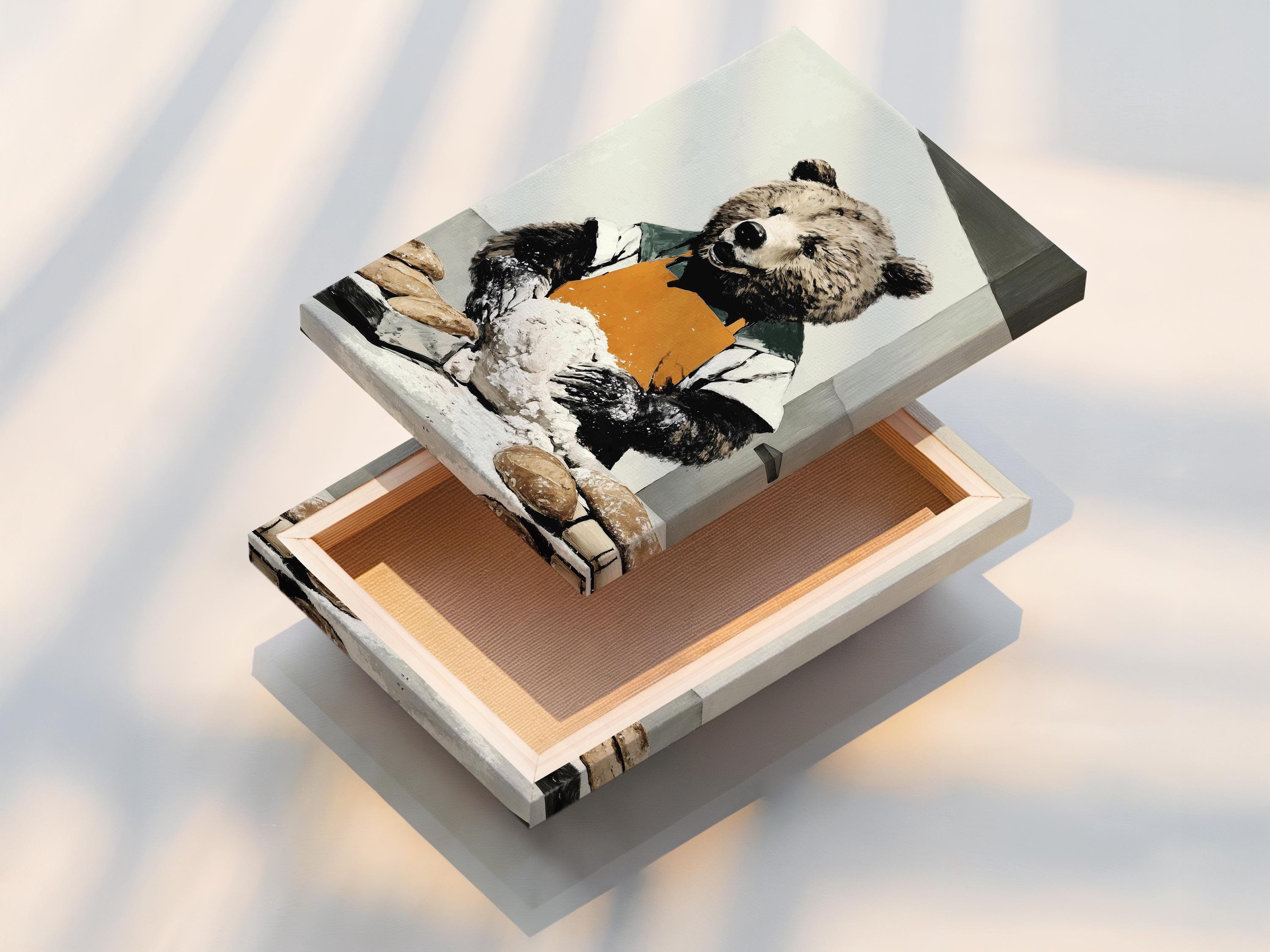 Bear baker artwork with an orange apron, green clothing, and dough on a table detail view