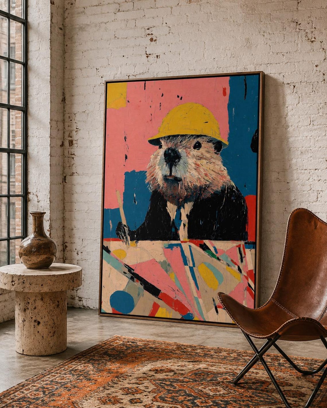 A person near a table installing a framed artwork featuring a beaver with a yellow hard hat