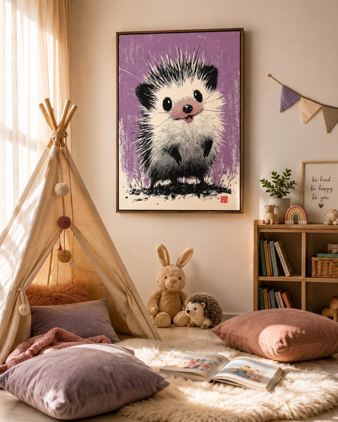 Hedgehog illustration in black and white on a textured lilac-purple background detail view