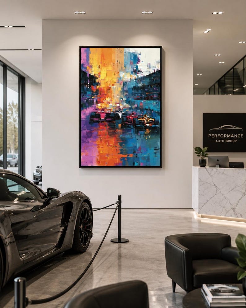 Abstract cityscape with layered teal, orange, purple and pink blocks and reflective highlights