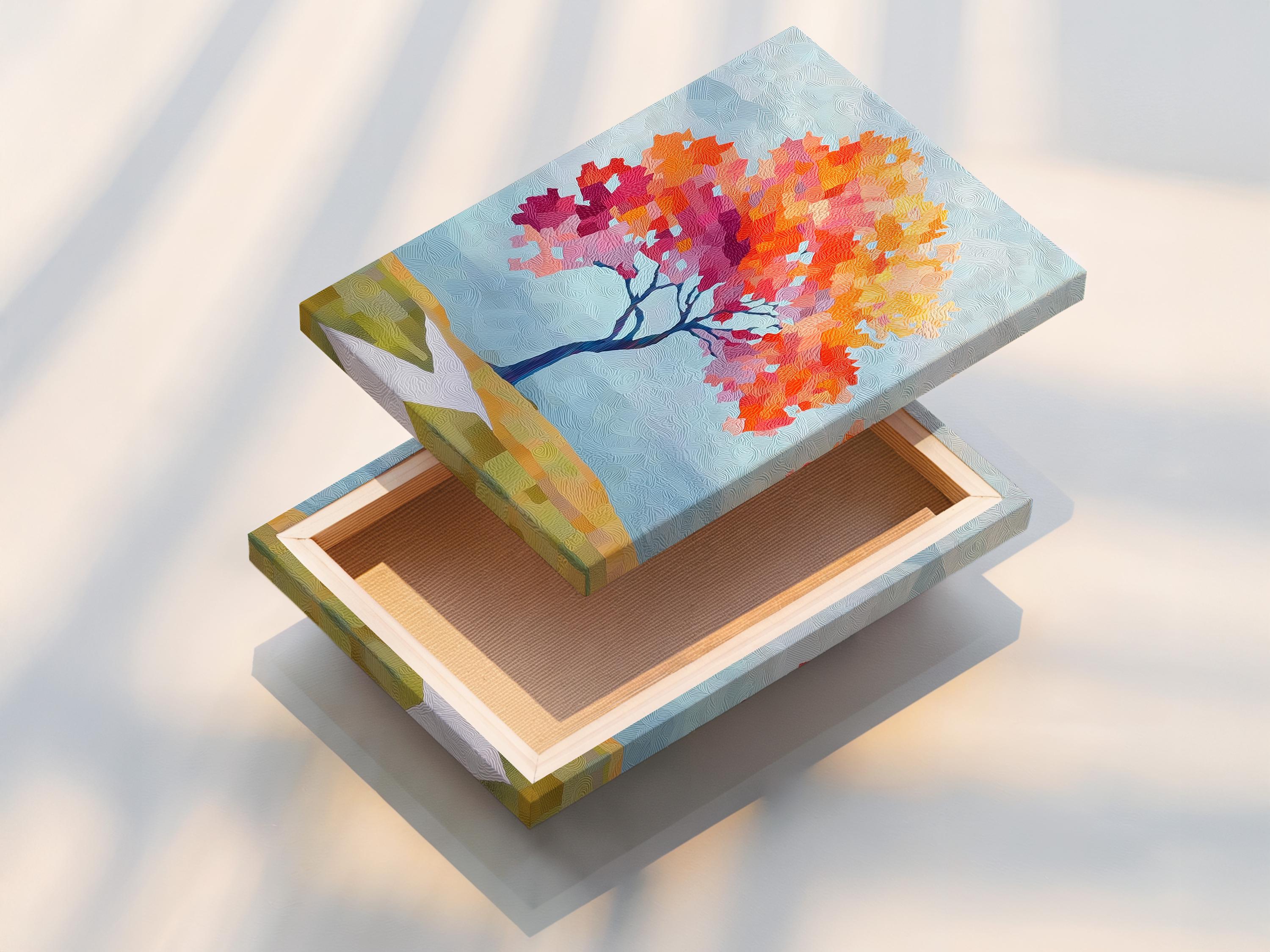 Stylised autumn tree artwork with orange, yellow and pink foliage on a textured blue background detail view