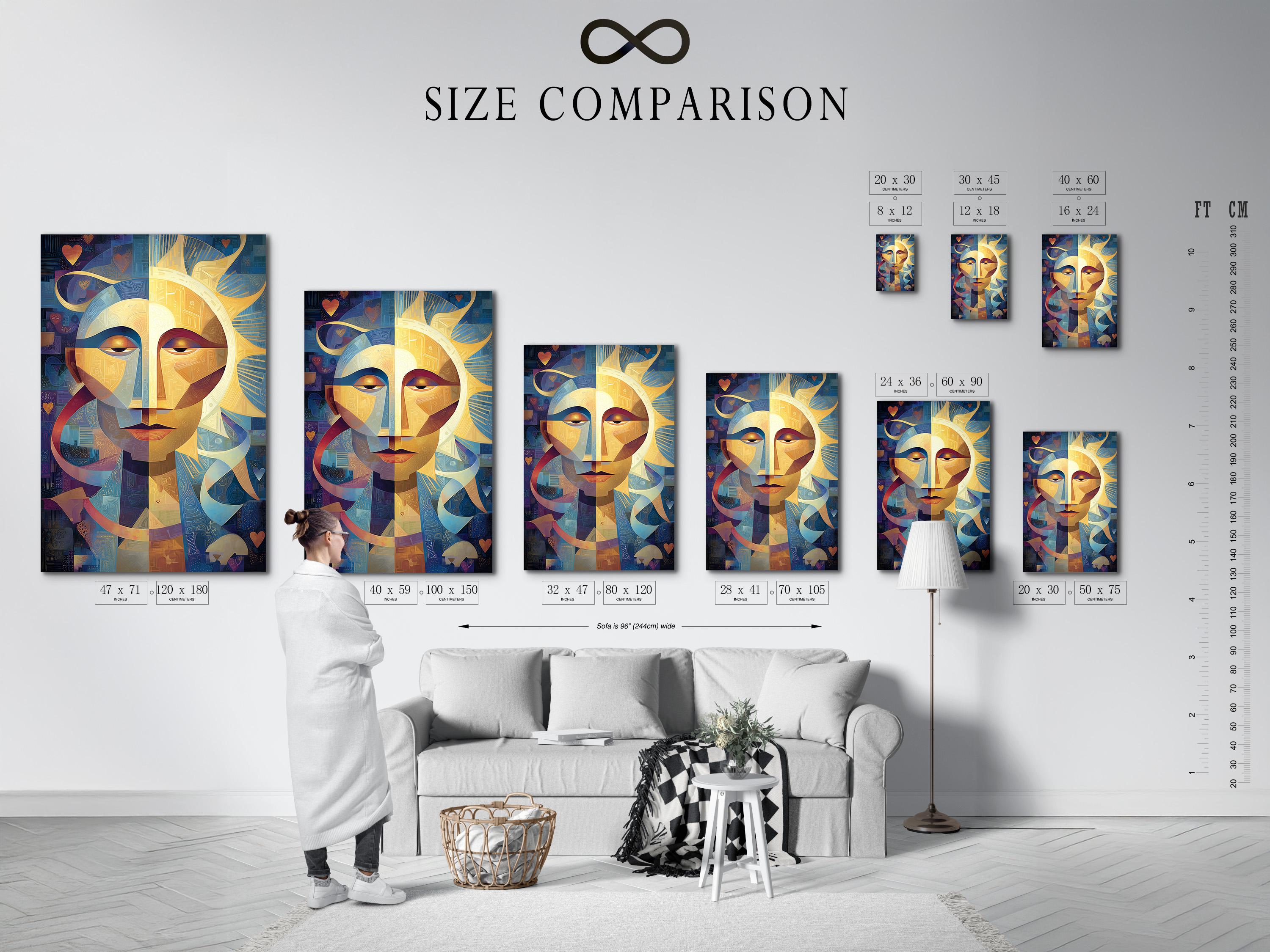 Geometric abstract face with a golden sunburst centre, blue and gold shapes, and small heart motifs detail view