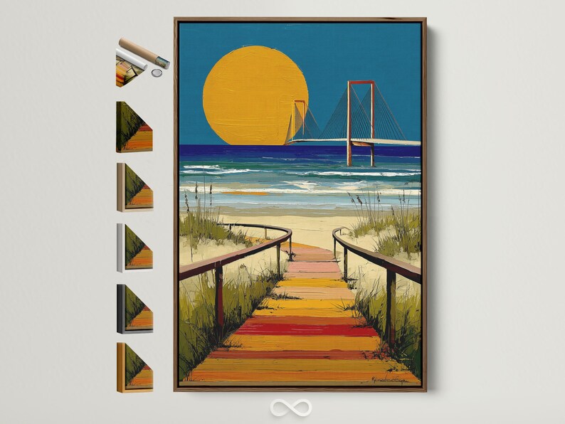 Portrait coastal artwork with golden sun, blue ocean, and a bridge over waves