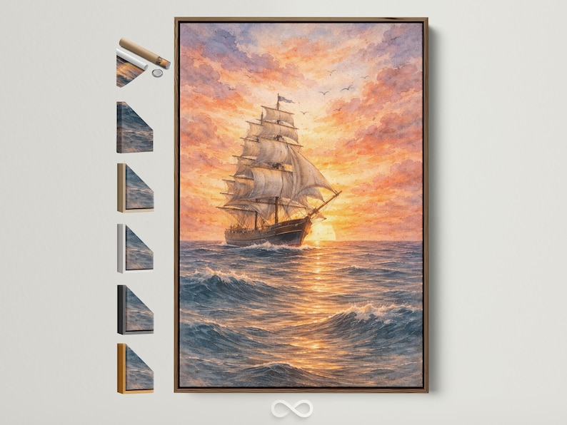 A sailboat cruises through choppy blue waves beneath a glowing orange sunset sky, with scattered clouds and small birds flying overhead