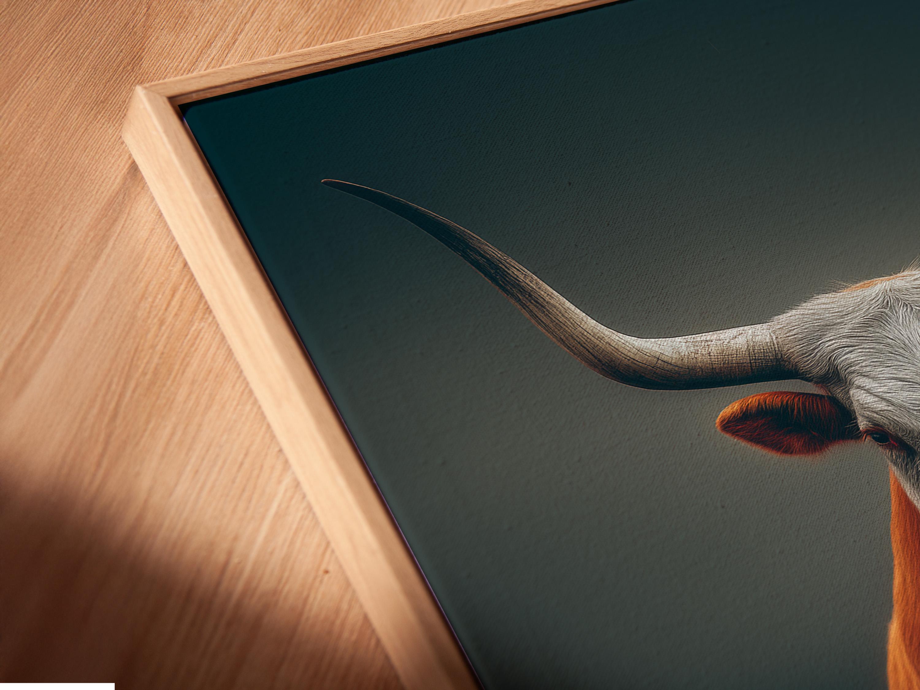 Longhorn cow artwork displayed in a framed mockup with teal and rust tones