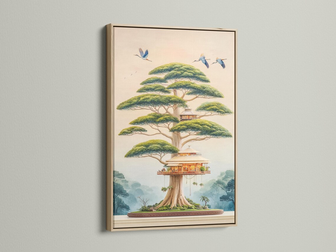 Bonsai-style tree house with blue birds flying over a misty landscape detail view