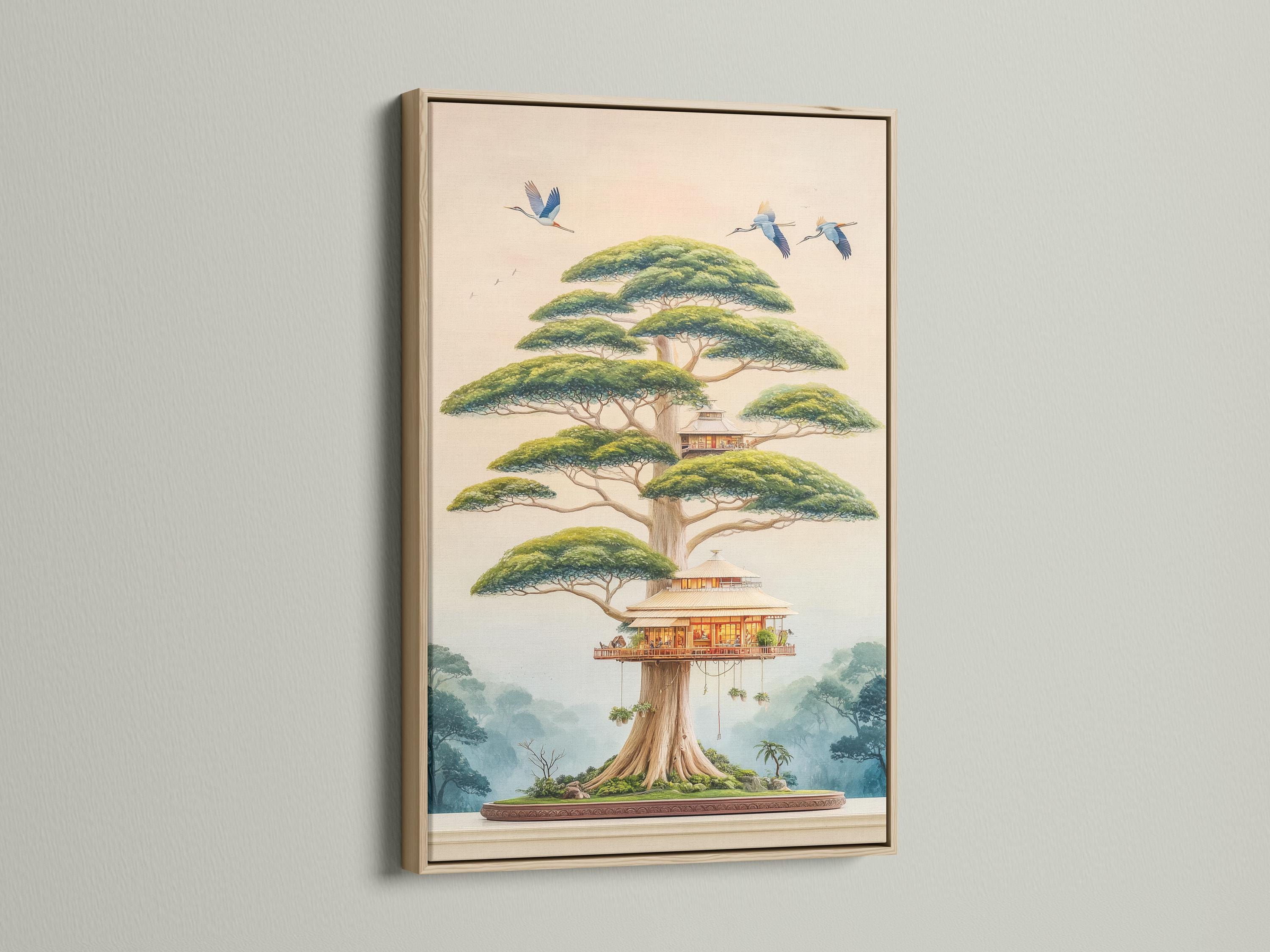 Bonsai-style tree house with blue birds flying over a misty landscape detail view