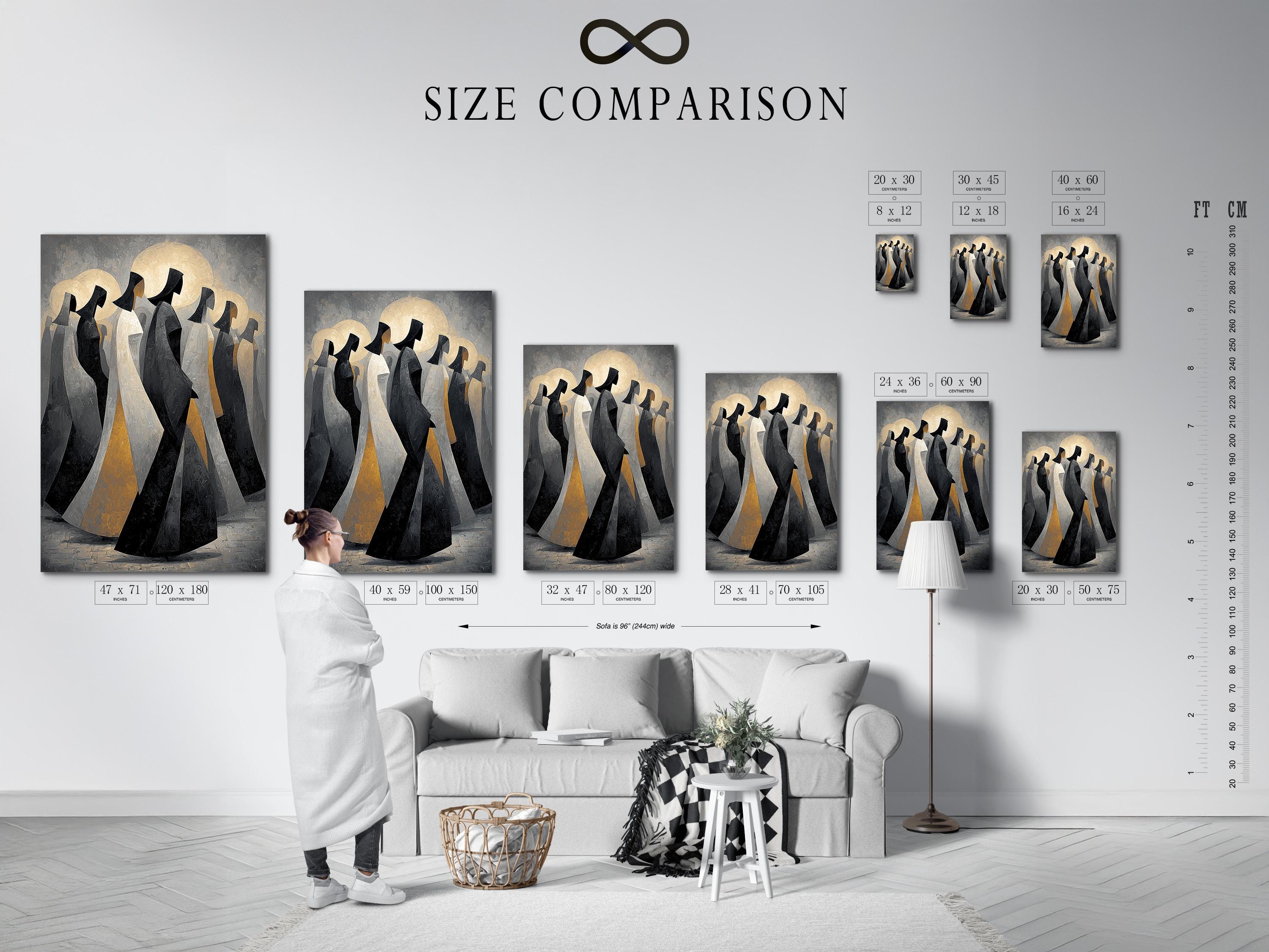 Framed artwork displayed on a neutral background with hooded figures and gold moon discs