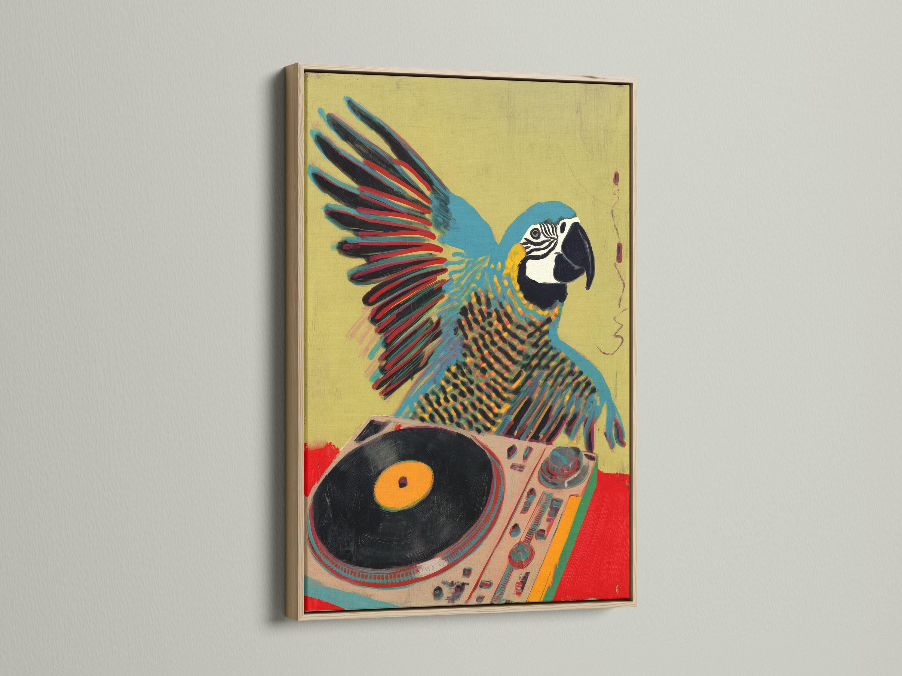 Blue Parrot DJ Canvas Print - Retro Turntable Bird Art, Funky