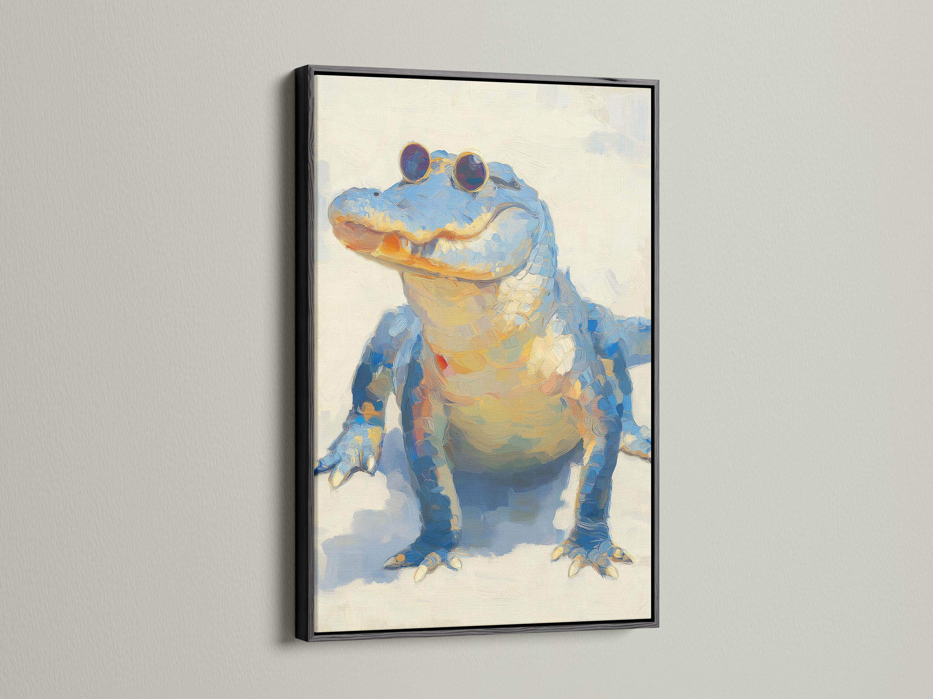Blue alligator illustration wearing round sunglasses on a cream textured background detail view