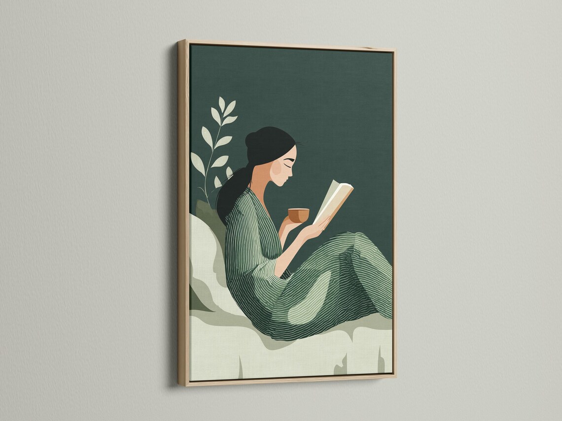 Room mockup showing a framed sage green botanical reading illustration on a wall