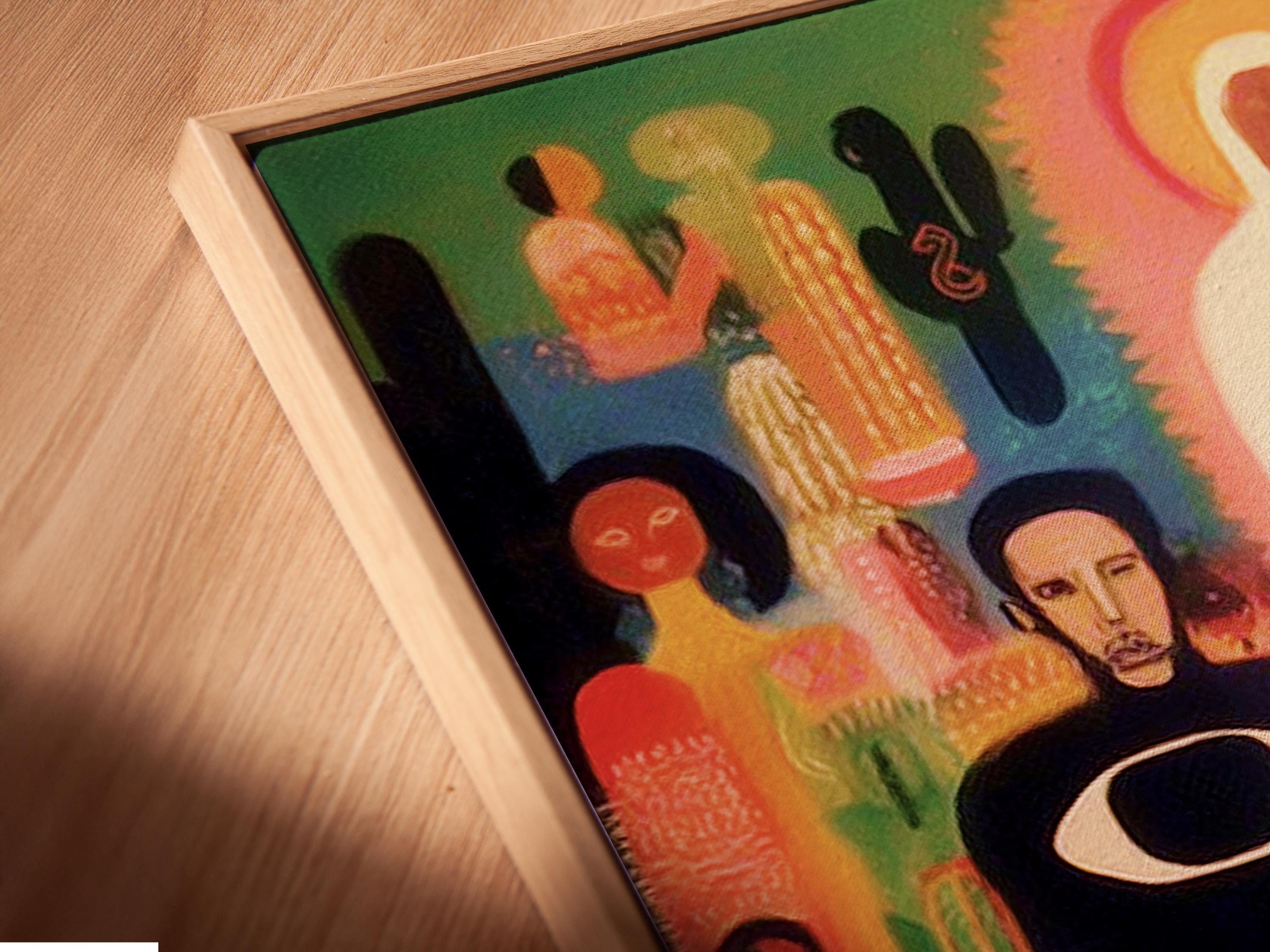 Sunburst halo abstract faces artwork with pink, green and gold figures detail view