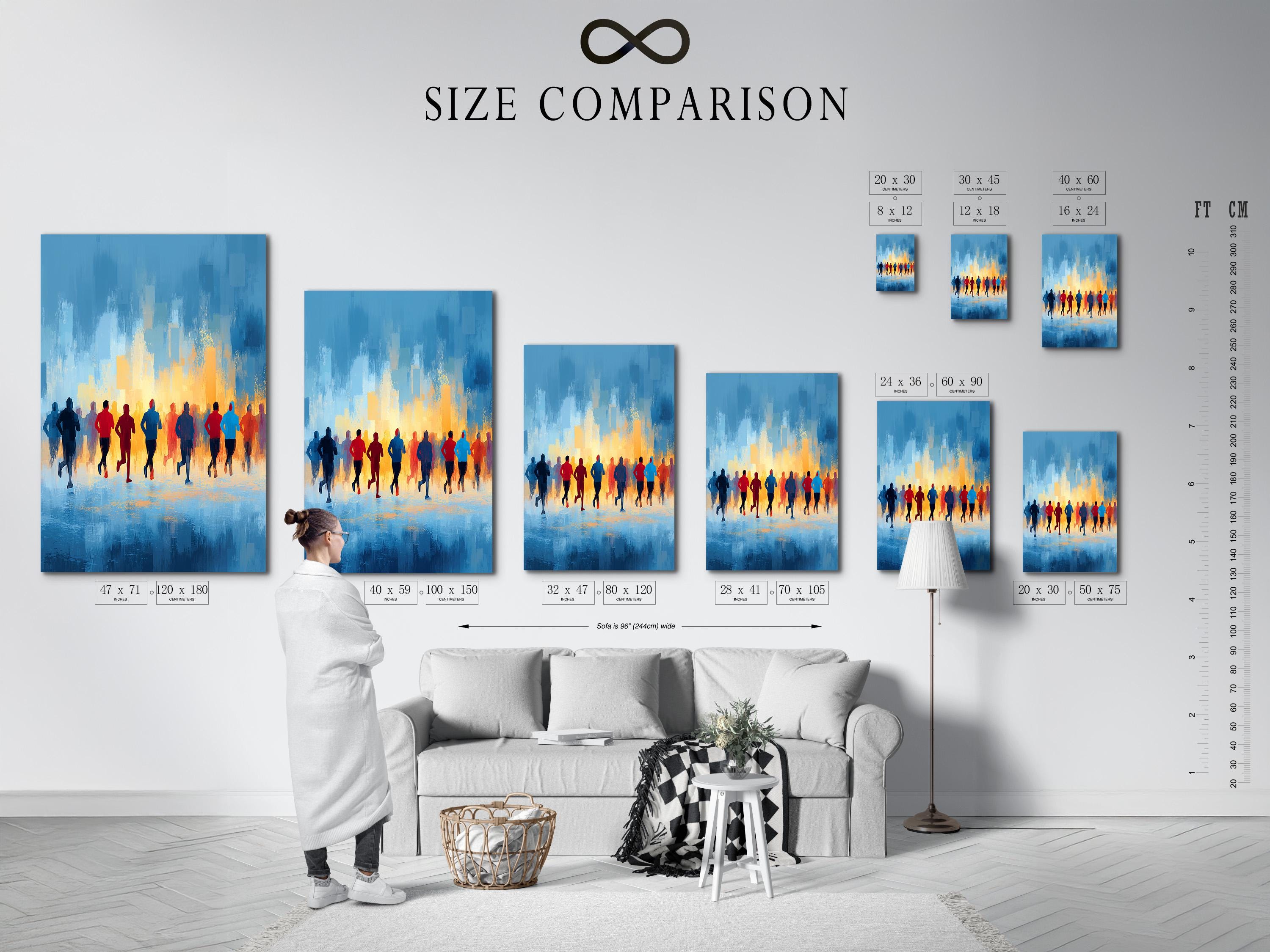 Abstract runners silhouette scene with blue skyline and warm orange horizon glow detail view